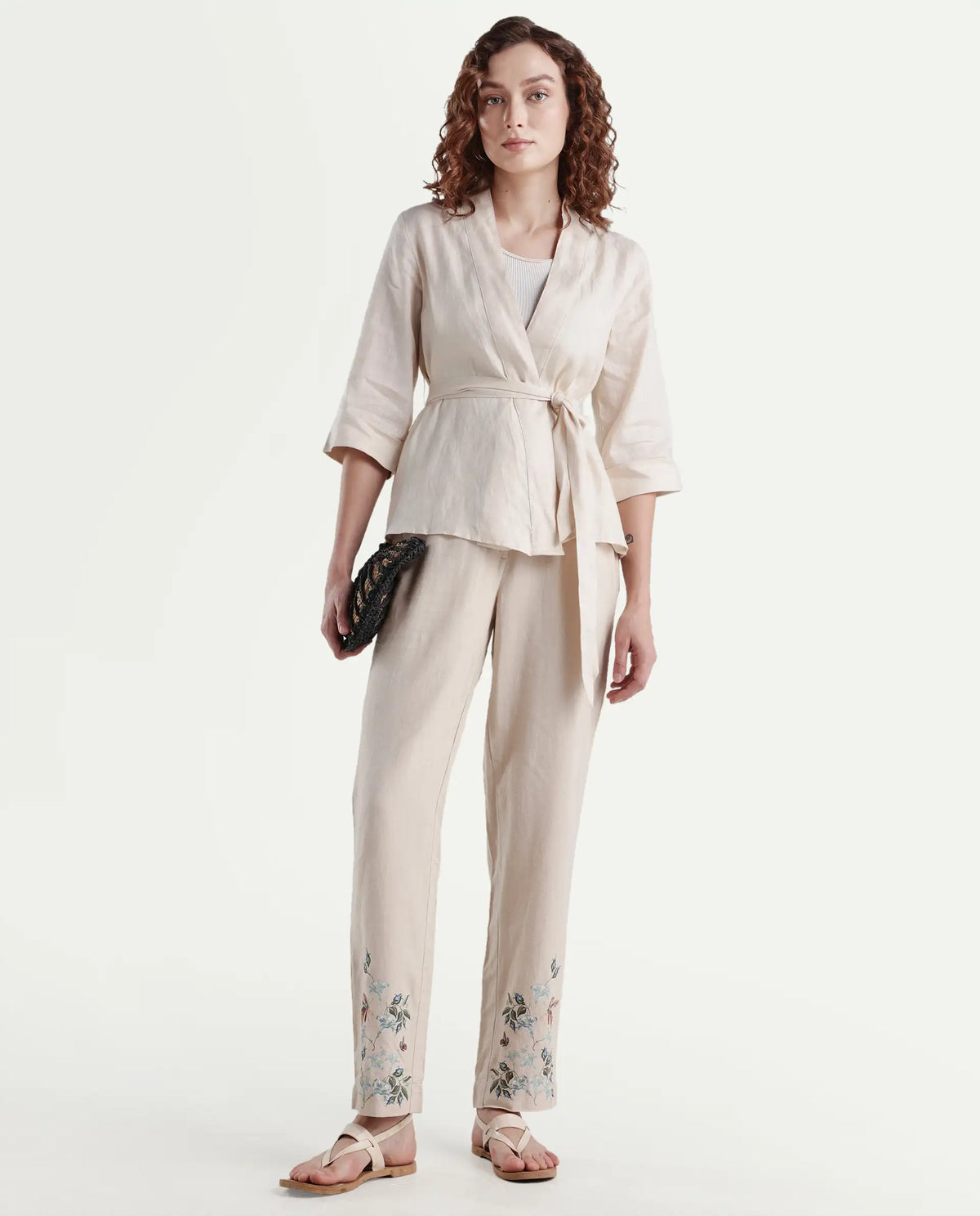 Rareism Women's Costa-T Light Beige Linen Blend Overlap Neck Plain Regular Fit Top