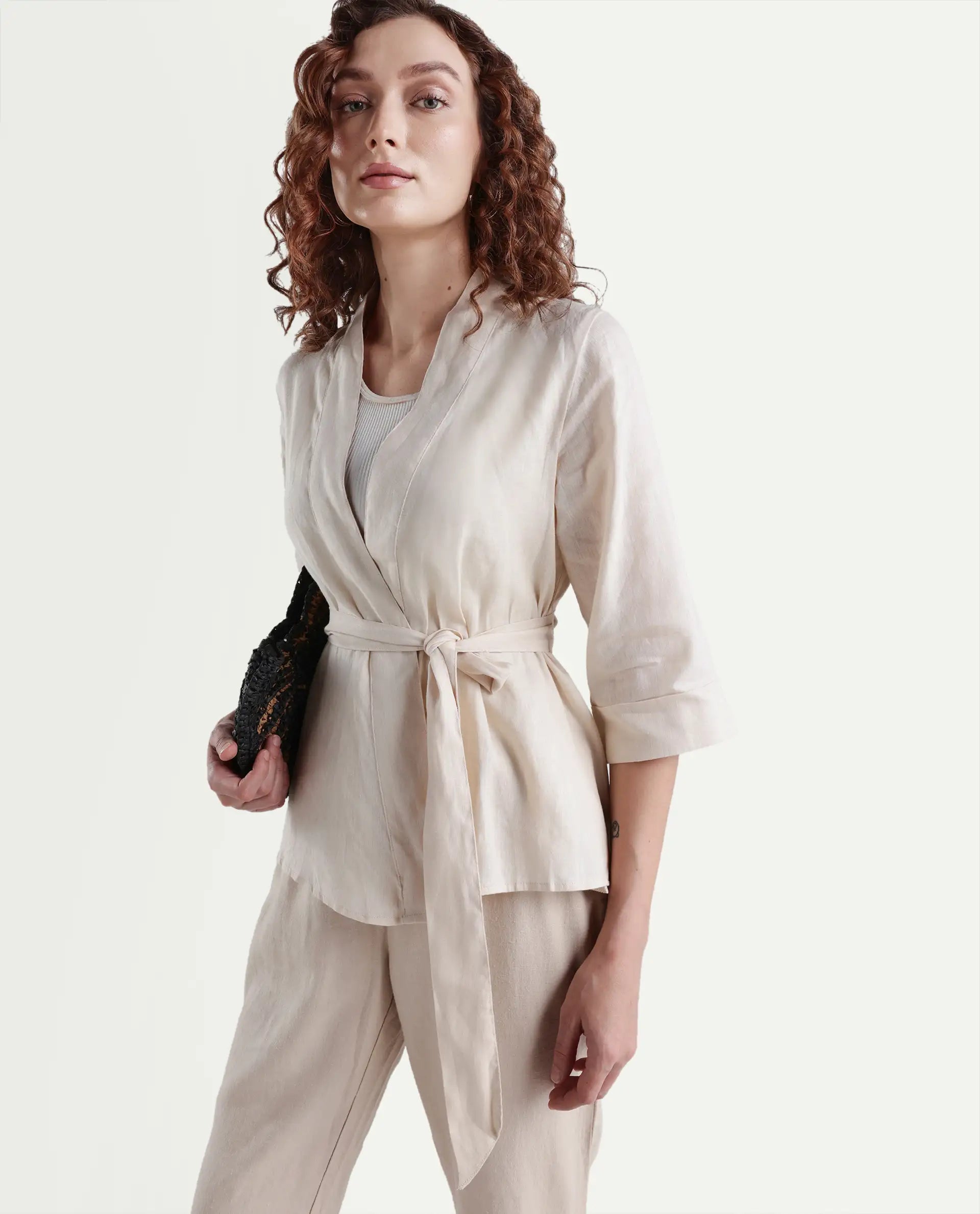 Rareism Women's Costa-T Light Beige Linen Blend Overlap Neck Plain Regular Fit Top