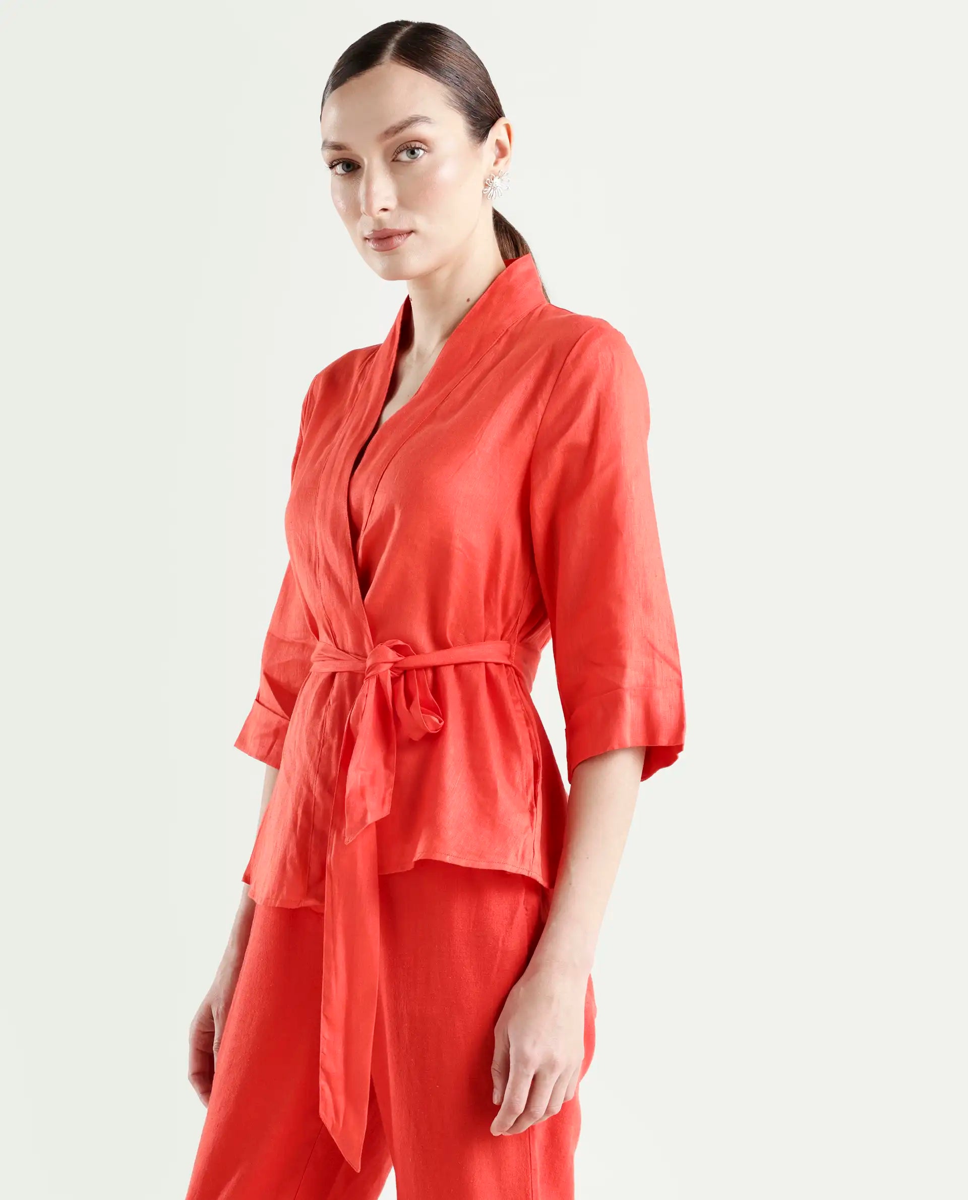 Rareism Women's Costa-T Pastel Rust Cotton Blend Overlap Neck Plain Regular Fit Top