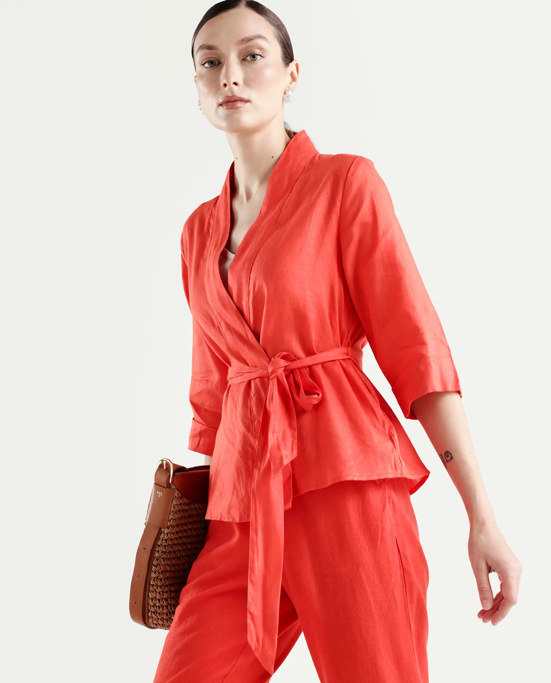 Rareism Women's Costa-T Pastel Rust Cotton Blend Overlap Neck Plain Regular Fit Top