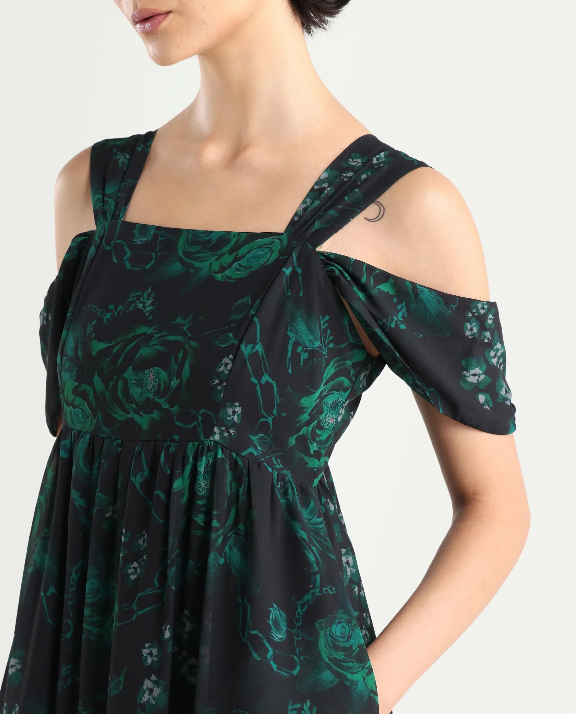 Rareism Women's Groves Black Polyester Blend Shoulder Strap Floral Print Shoulder Strap Maxi Fit And Flare Dress