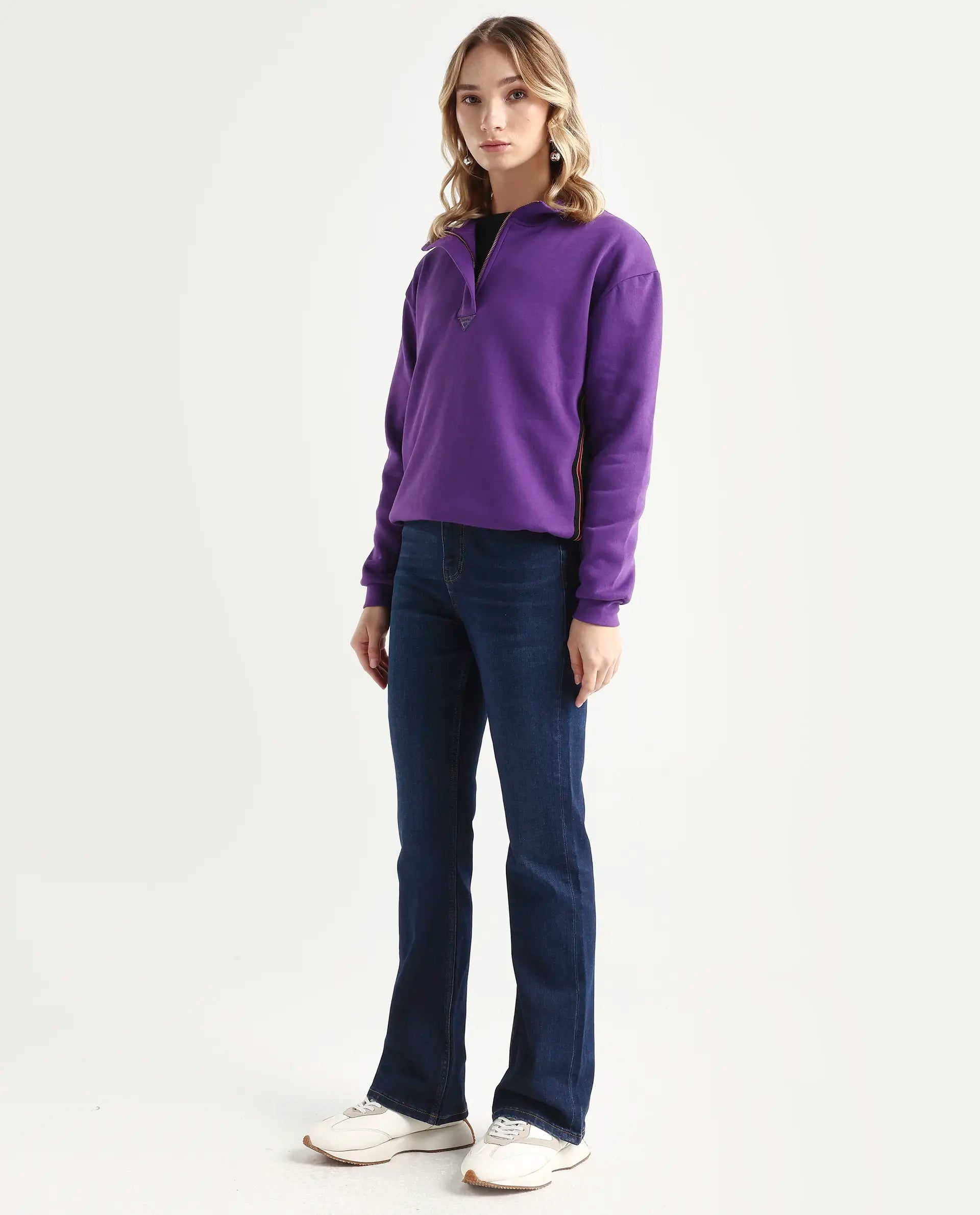 Rareism Women's Hadley Dark Blue Cotton Blend Plain Ankle Length Iconic Bootcut Jeans