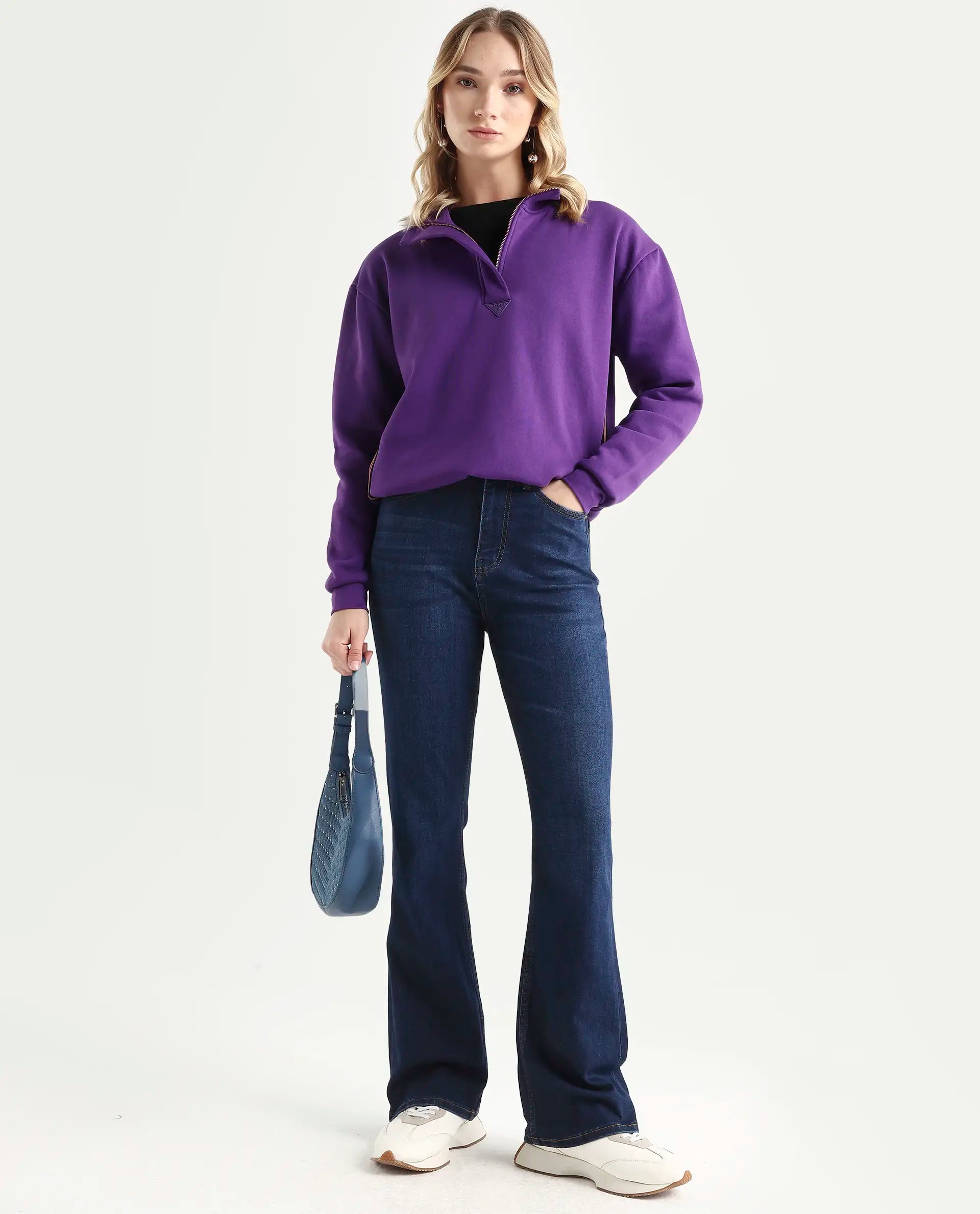 Rareism Women's Hadley Dark Blue Cotton Blend Plain Ankle Length Iconic Bootcut Jeans