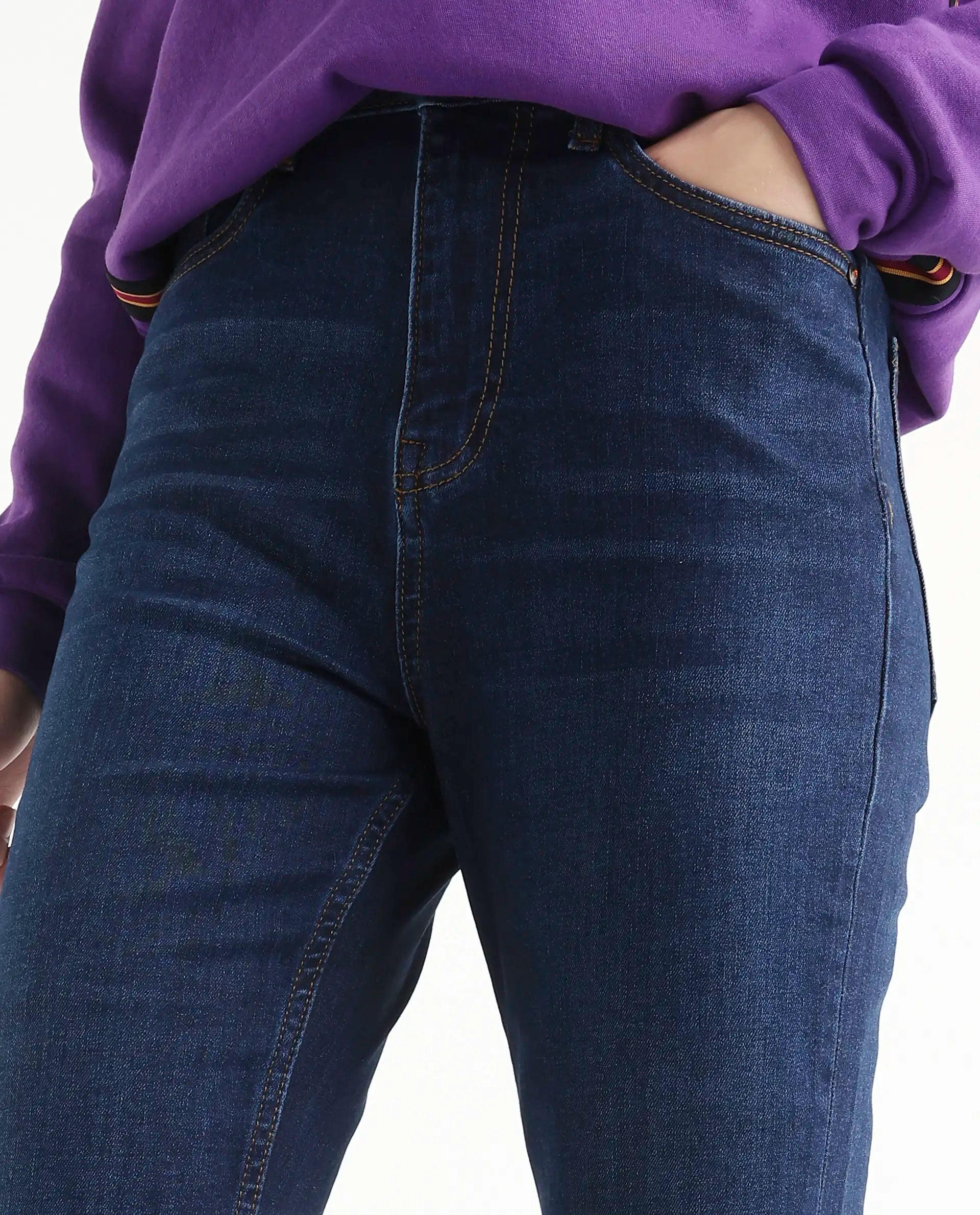 Rareism Women's Hadley Dark Blue Cotton Blend Plain Ankle Length Iconic Bootcut Jeans