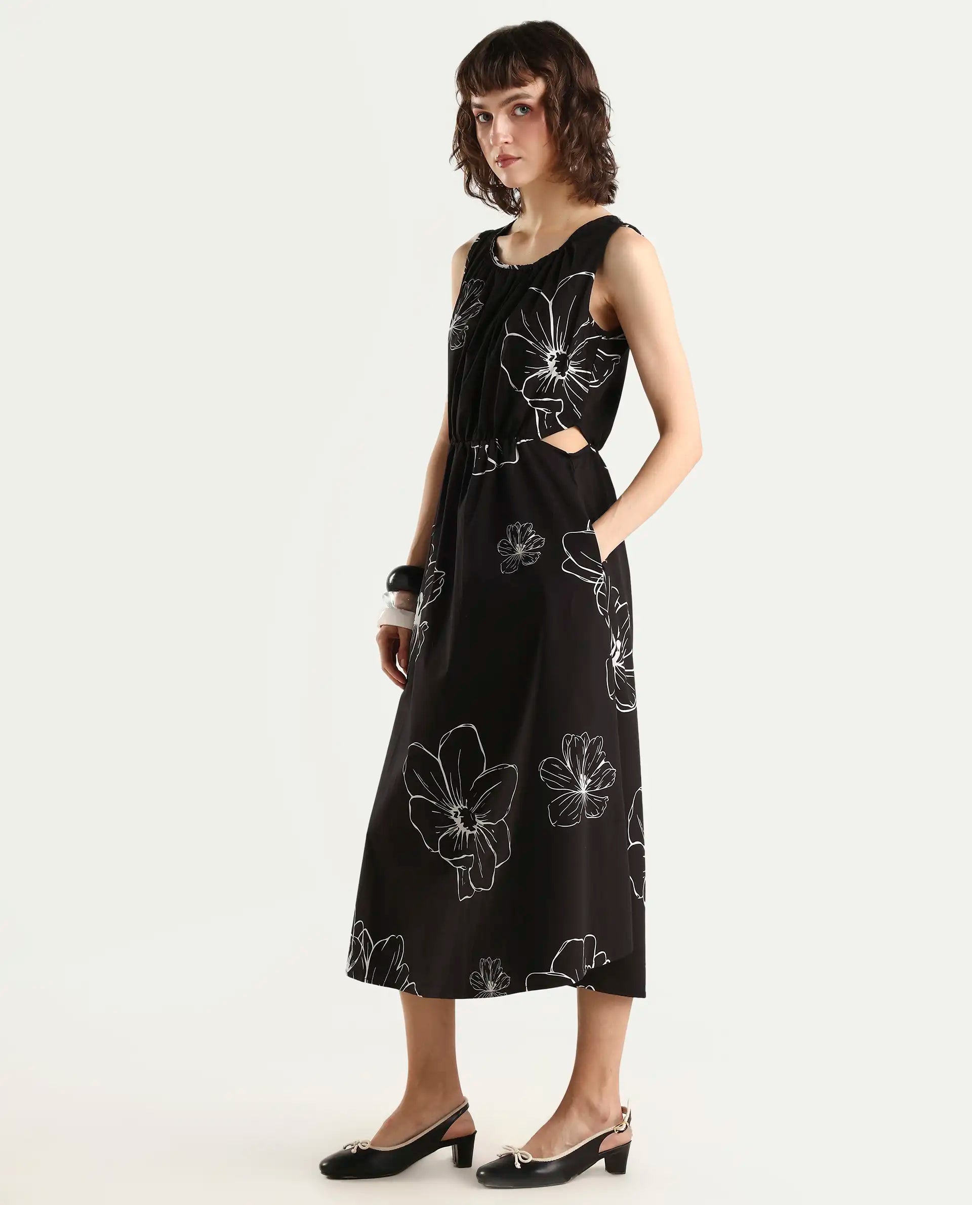 Rareism Women's Layla Brown Cotton Blend Crew Neck Floral Print Sleeveless Midi Fit And Flare Dress