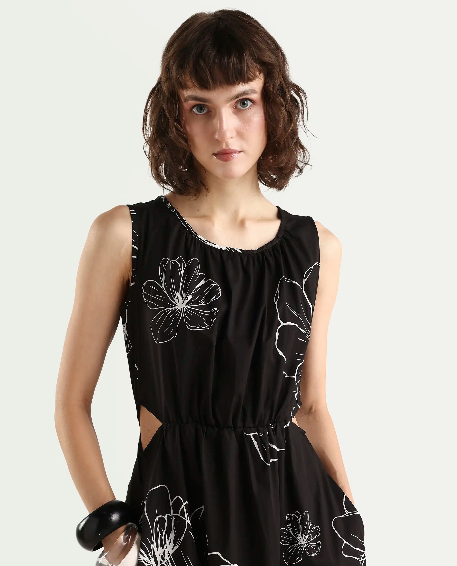 Rareism Women's Layla Brown Cotton Blend Crew Neck Floral Print Sleeveless Midi Fit And Flare Dress