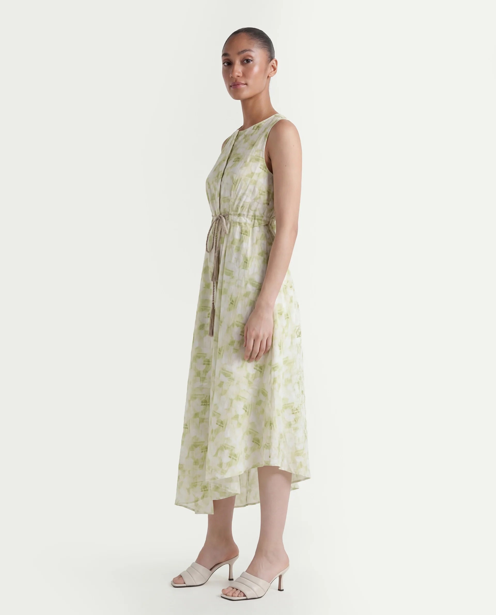 Rareism Women's Loralai Green Cotton Crew Neck Geometric Print Sleeveless Maxi Flared Dress