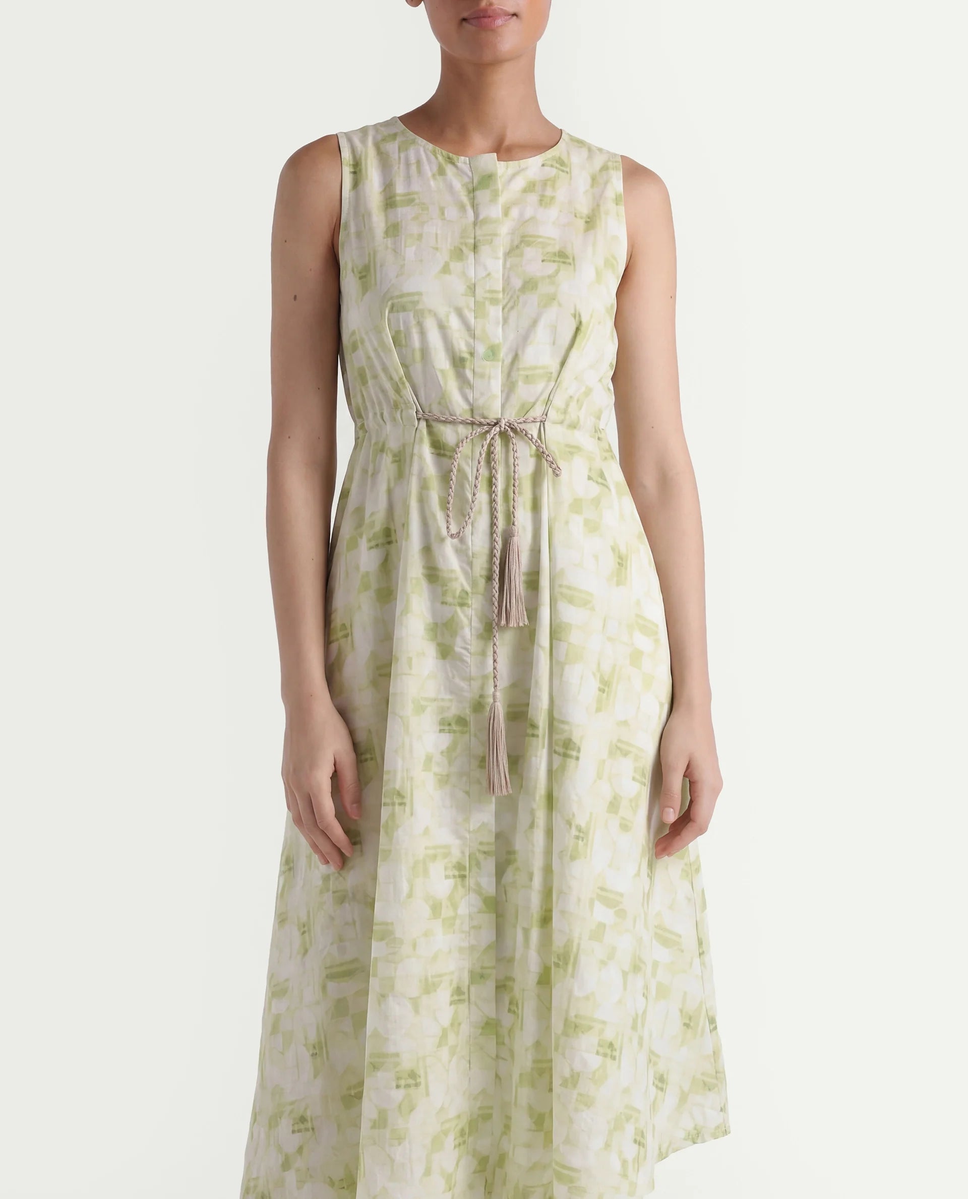 Rareism Women's Loralai Green Cotton Crew Neck Geometric Print Sleeveless Maxi Flared Dress