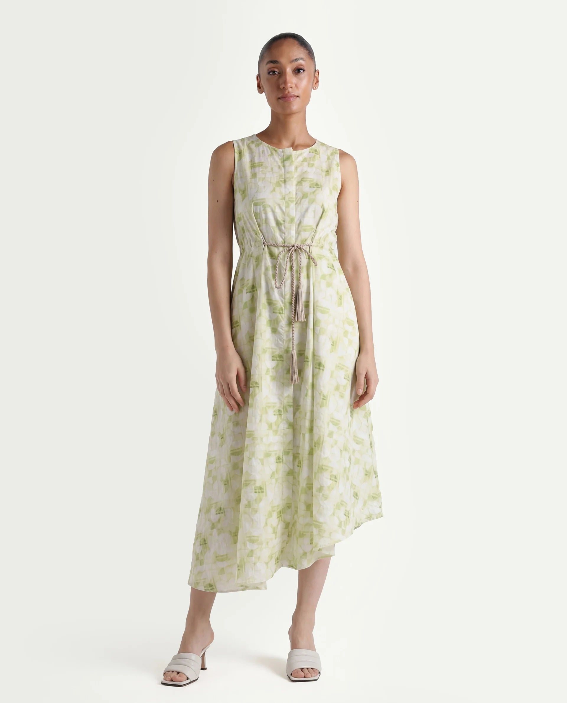 Rareism Women's Loralai Green Cotton Crew Neck Geometric Print Sleeveless Maxi Flared Dress