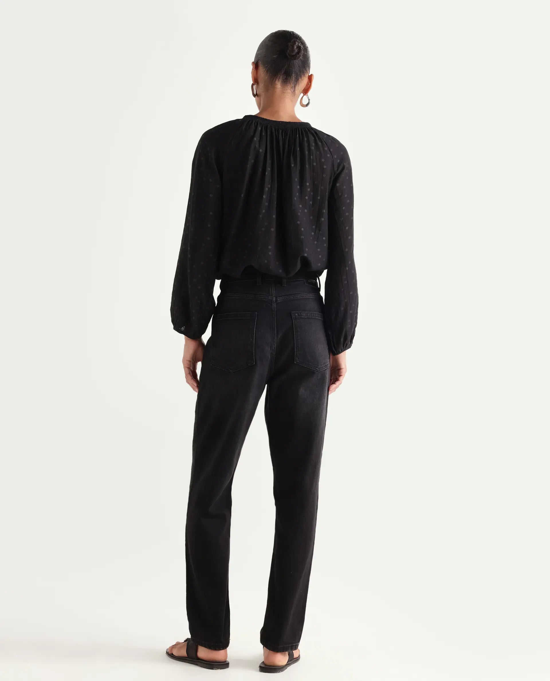 Rareism Women's Loreto Black Cotton Blend Plain Ankle Length Mom Fit Jeans