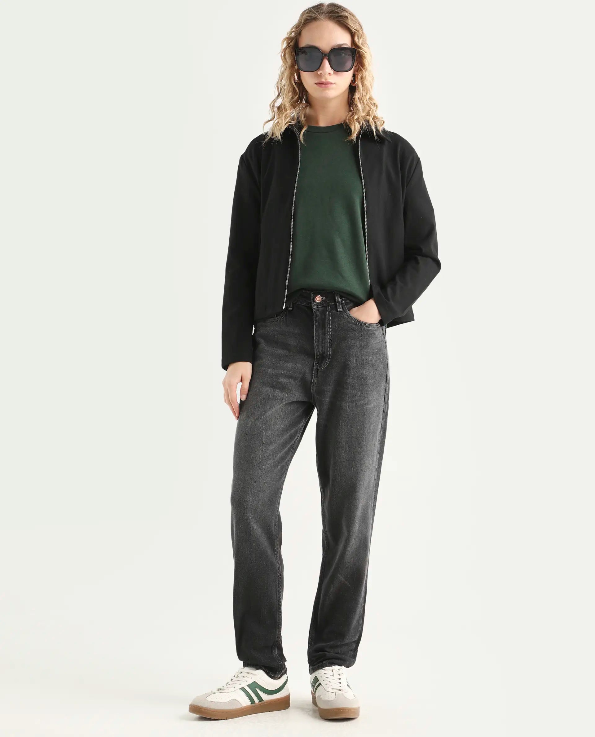 Rareism Women's Loreto Grey Cotton Blend Plain Ankle Length Mom Fit Jeans