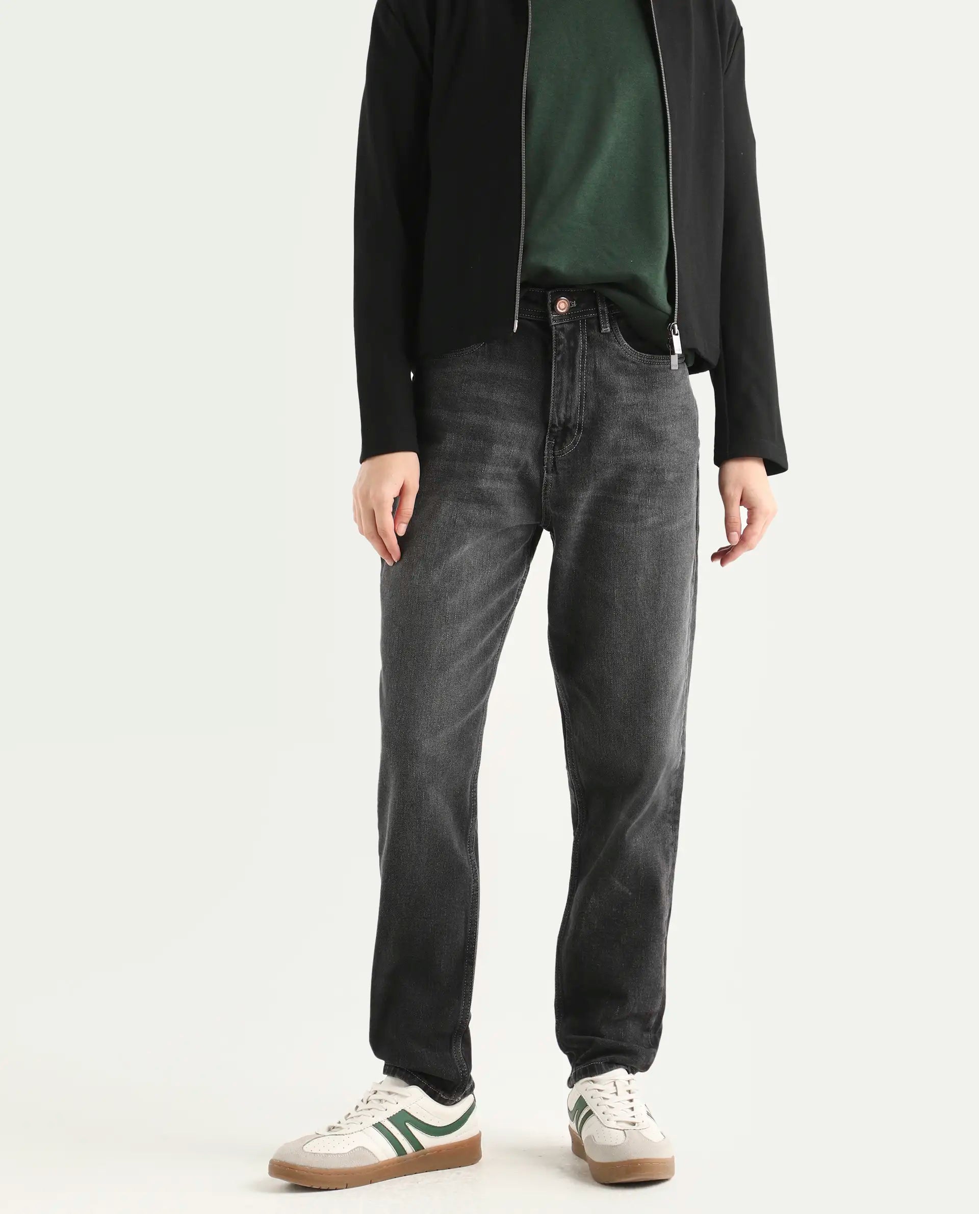 Rareism Women's Loreto Grey Cotton Blend Plain Ankle Length Mom Fit Jeans