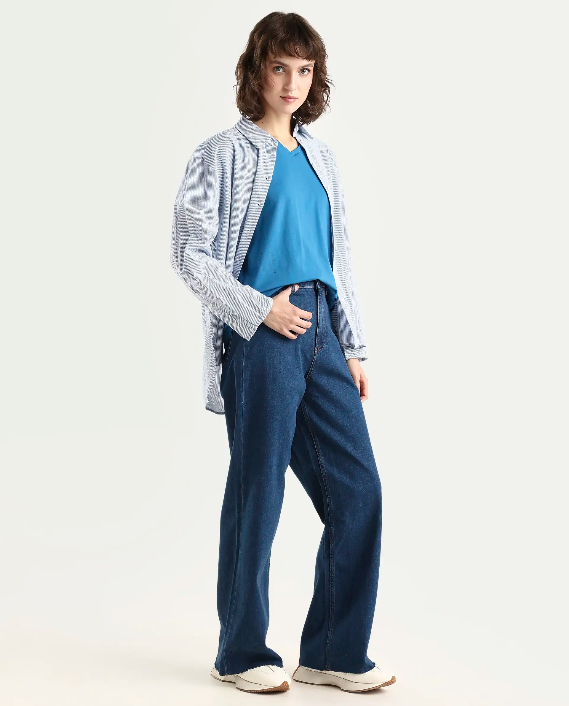 Rareism Women's Miniko Dark Blue Cotton Blend Plain Ankle Length Effortless Wide Jeans