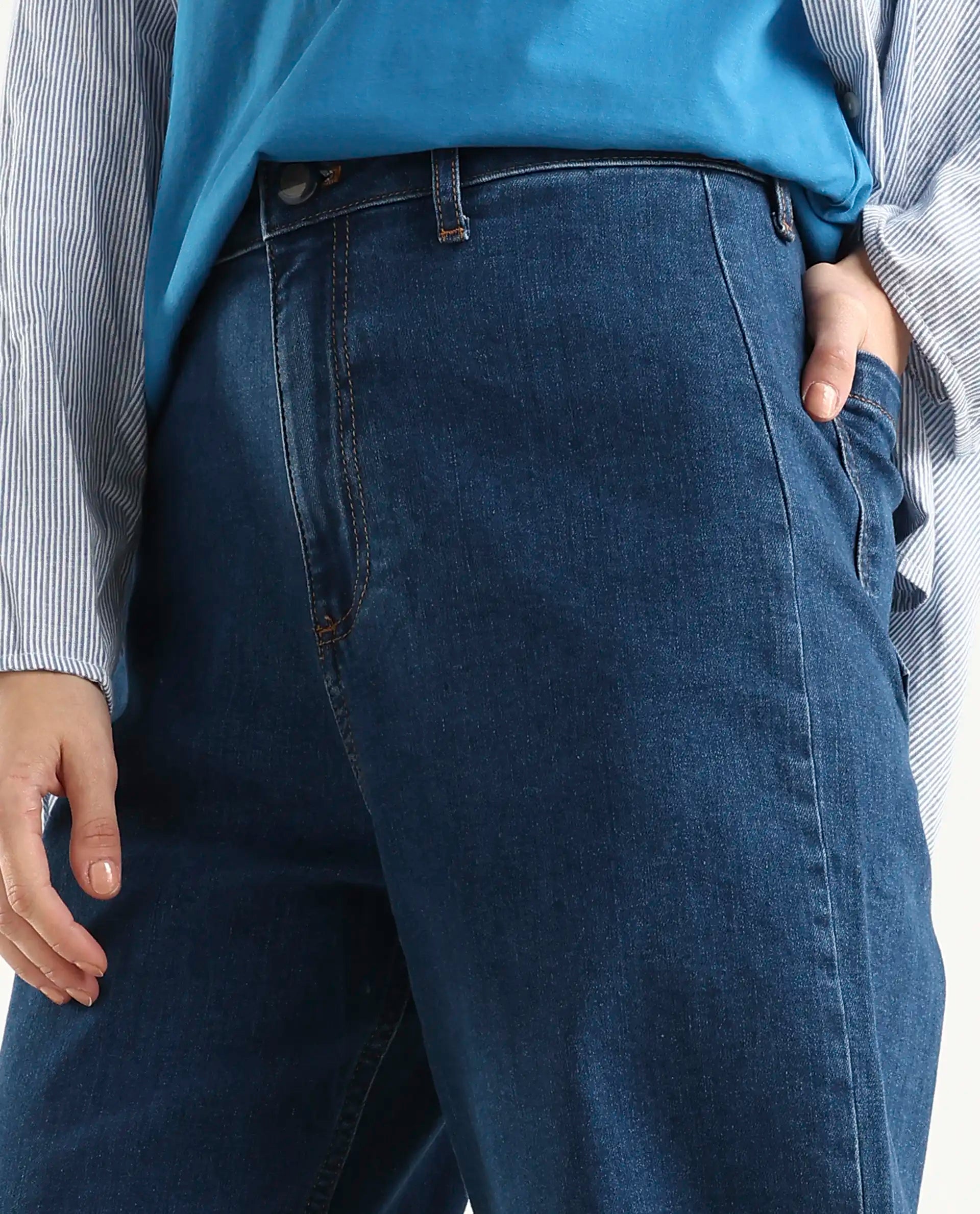 Rareism Women's Miniko Dark Blue Cotton Blend Plain Ankle Length Effortless Wide Jeans