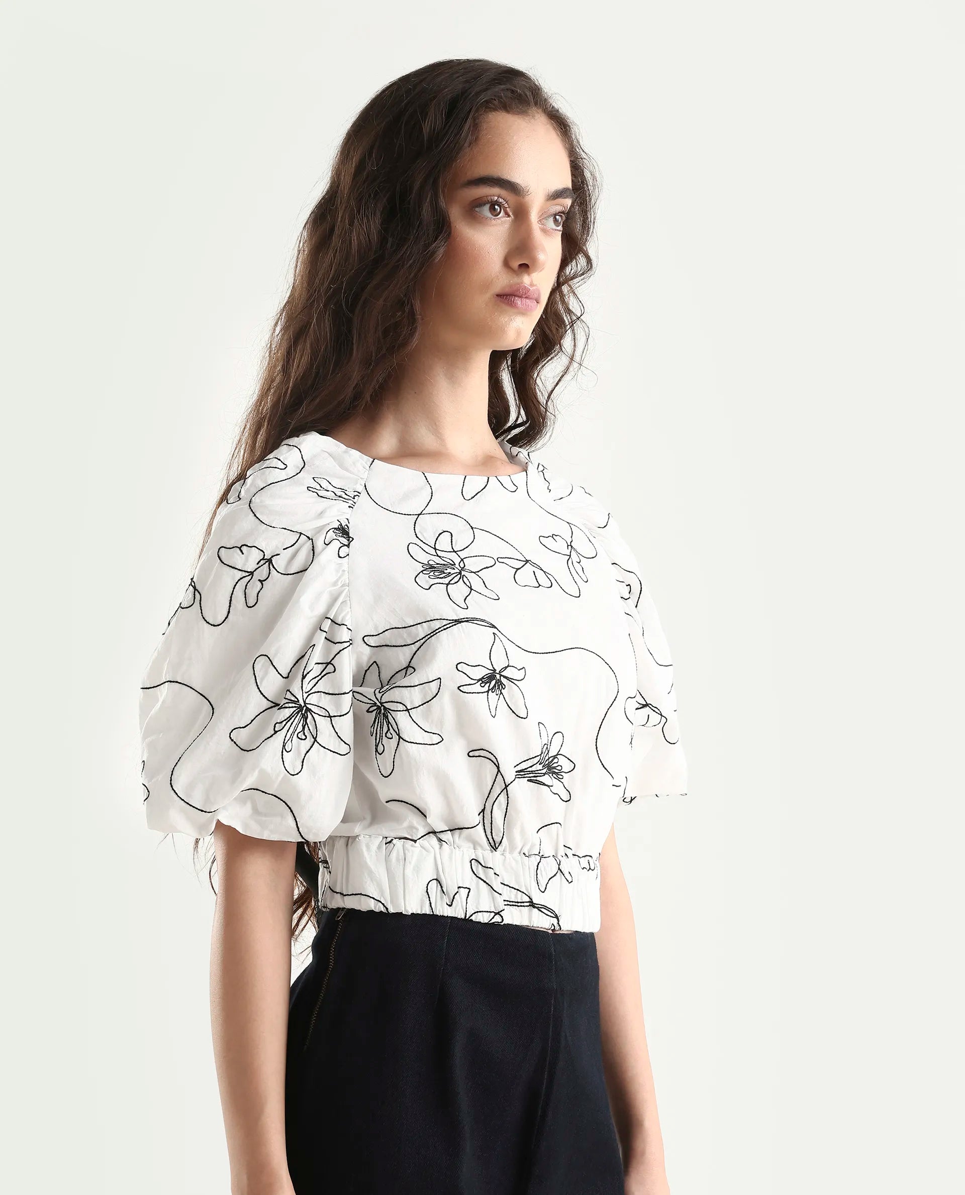 Rareism Women's Morganic White Cotton Crew Neck Embroidered Balloon Sleeve Crop Regular Fit Top