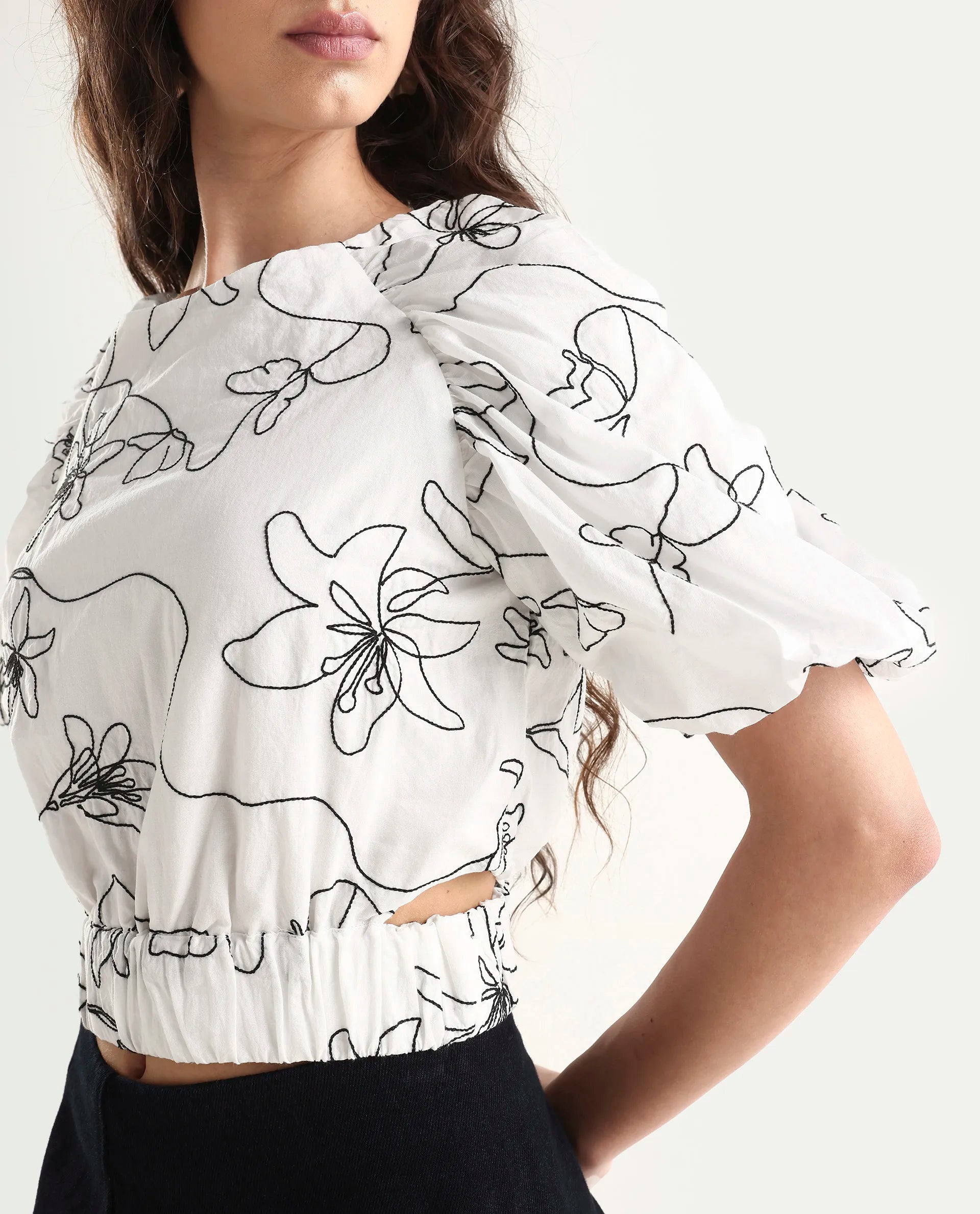 Rareism Women's Morganic White Cotton Crew Neck Embroidered Balloon Sleeve Crop Regular Fit Top