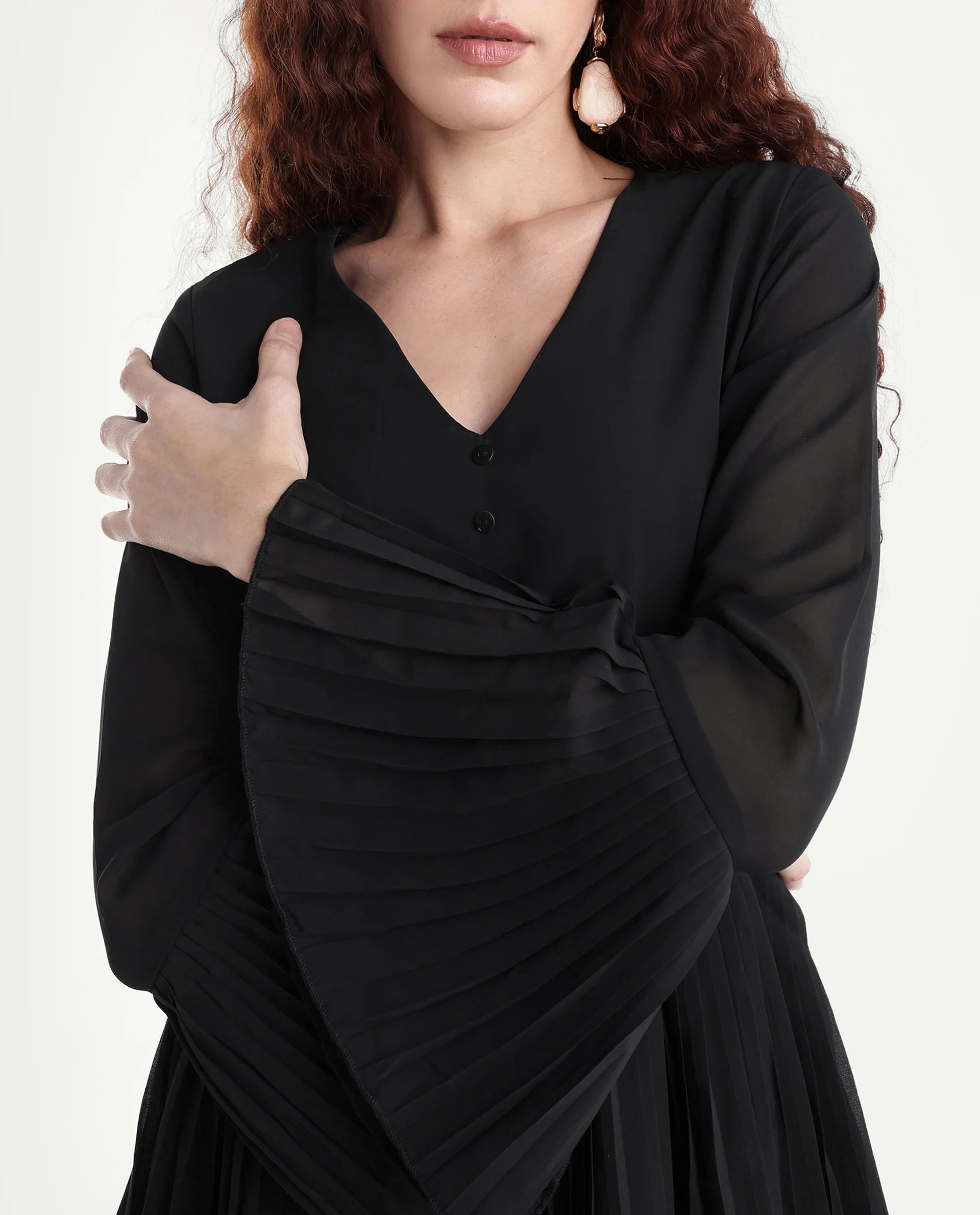 Rareism Women's Olympia Black Polyester Drop Collar Plain Bell Sleeve Mini Fit And Flare Dress