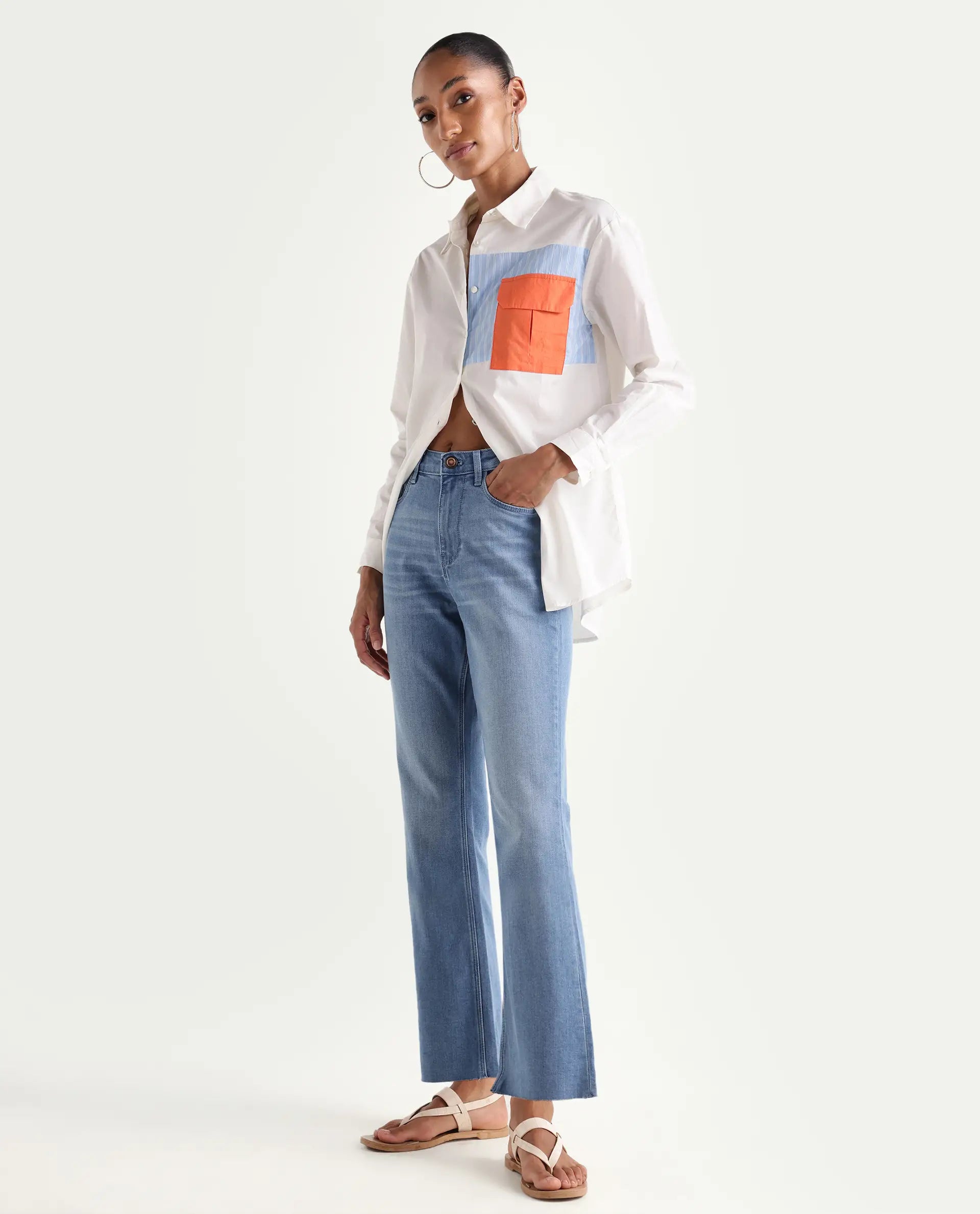 Rareism Women's Winona Pastel Blue Cotton Blend Plain Ankle Length Classic Bootcut Jeans
