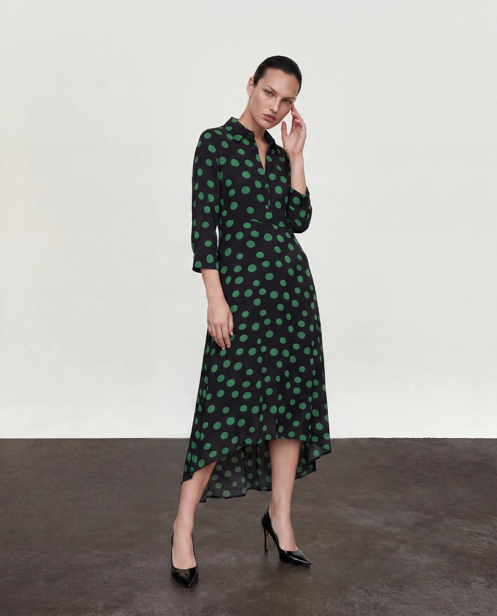 Rareism Women's Winslet Black Rayon Drop Collar Polka Print Cuffed Sleeve Maxi Flared Dress