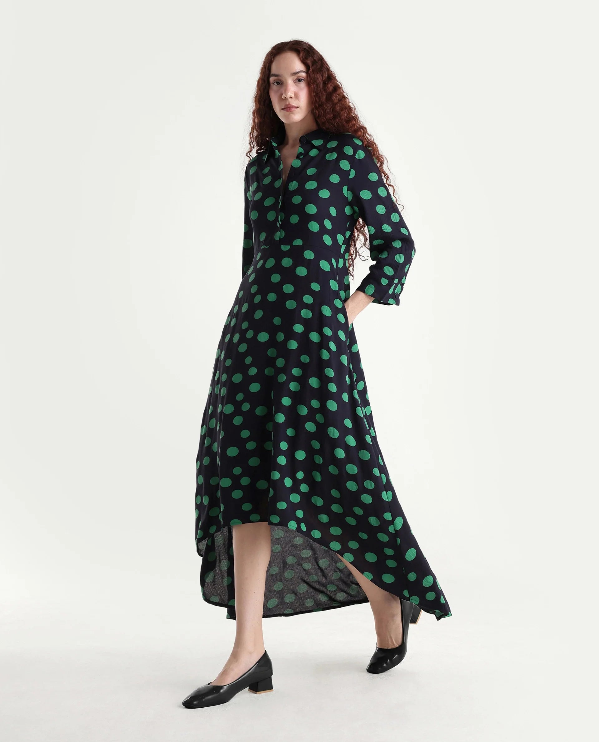 Rareism Women's Winslet Black Rayon Drop Collar Polka Print Cuffed Sleeve Maxi Flared Dress