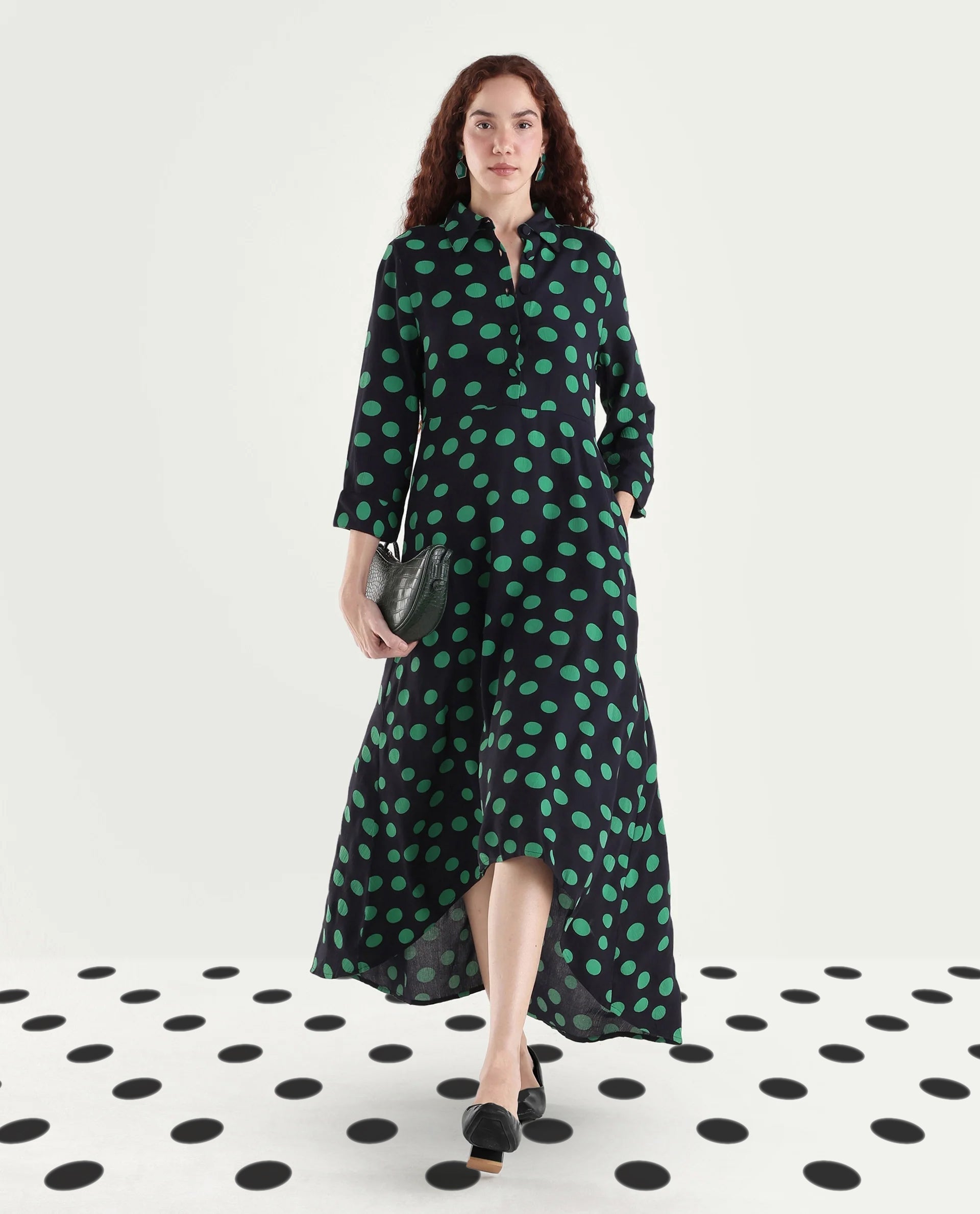 Rareism Women's Winslet Black Rayon Drop Collar Polka Print Cuffed Sleeve Maxi Flared Dress
