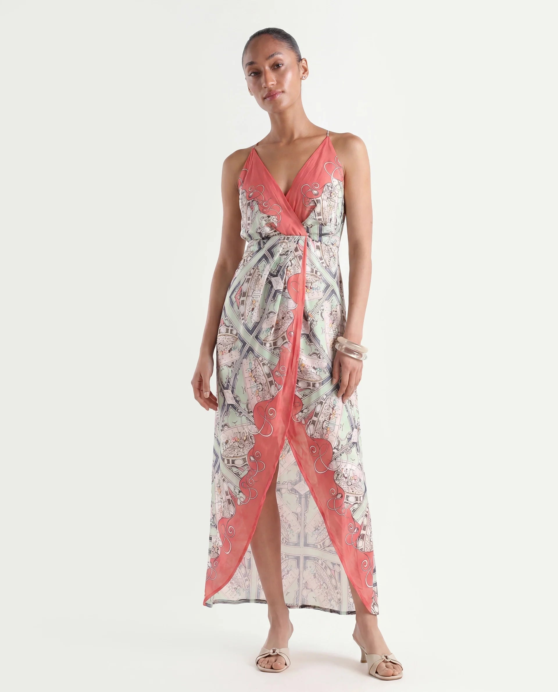 Rareism Women's Bluries Pastel Green Cotton Overlap Neck Abstract Print Shoulder Strap Maxi Fit And Flare Dress