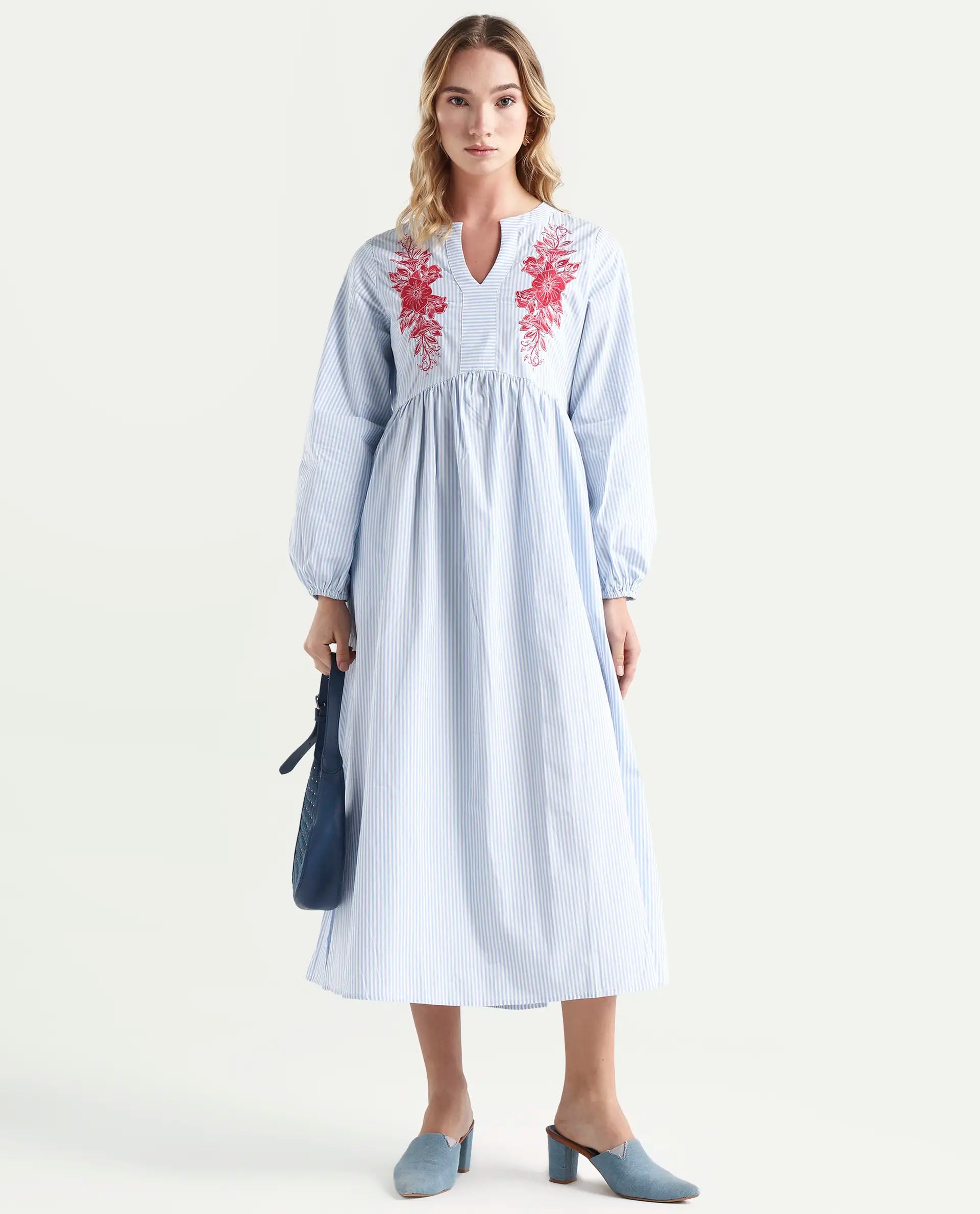 Rareism Women's Calia Blue Cotton Collarless Striped Bishop Sleeve Midi A-Line Dress