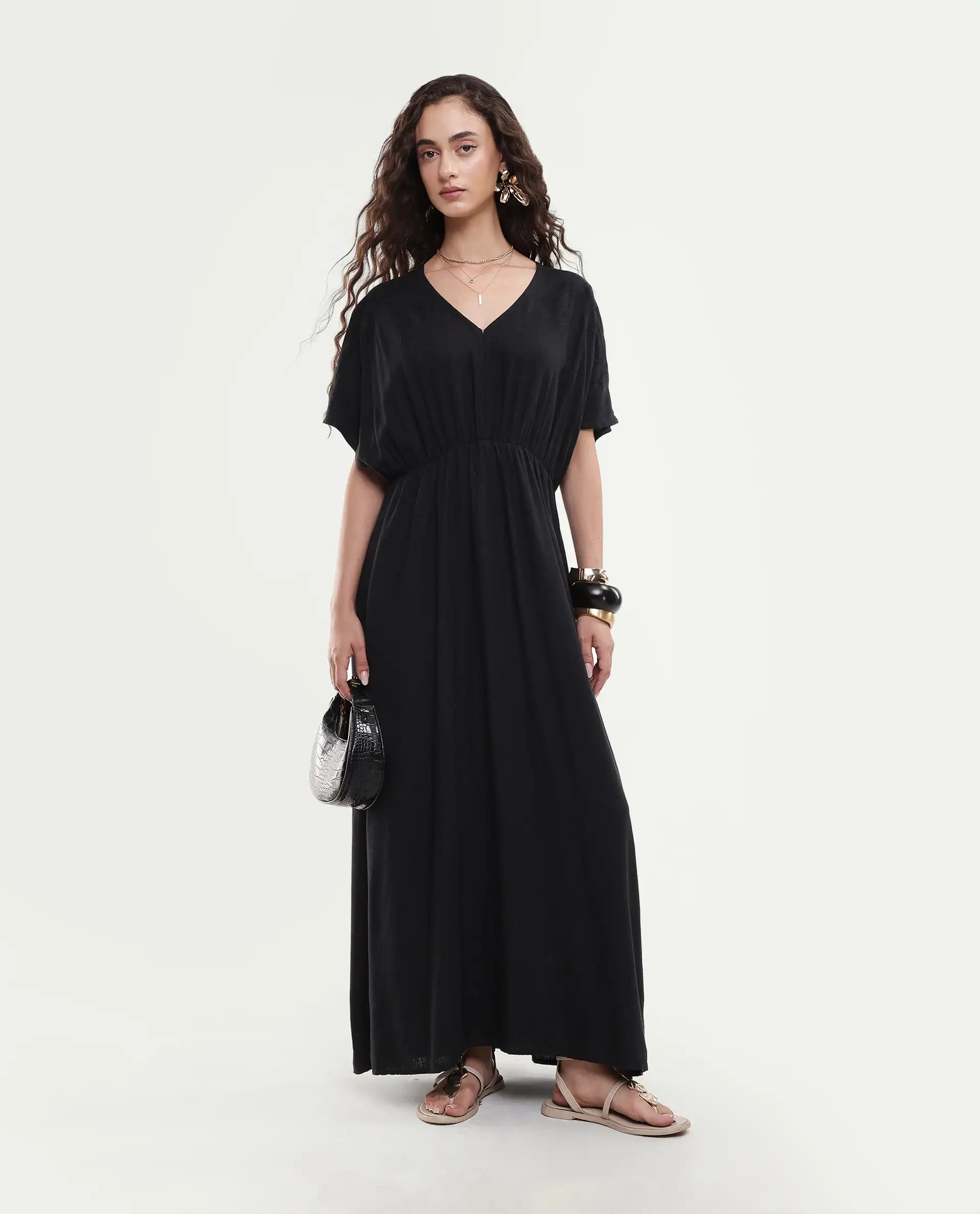 Rareism Women's Flynn Light Black Cotton Blend V-Neck Plain Extended Sleeves Maxi Fit And Flare Dress