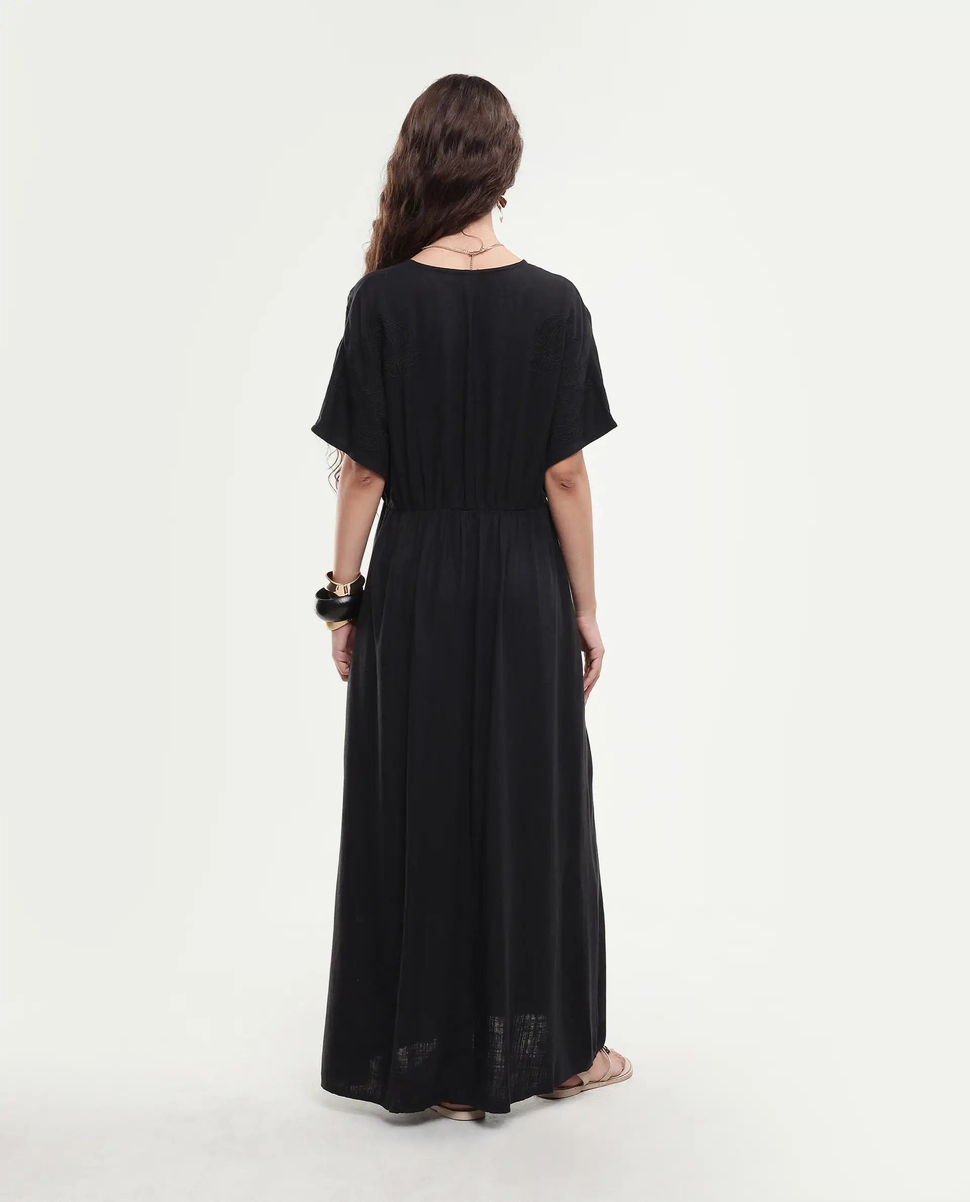 Rareism Women's Flynn Light Black Cotton Blend V-Neck Plain Extended Sleeves Maxi Fit And Flare Dress