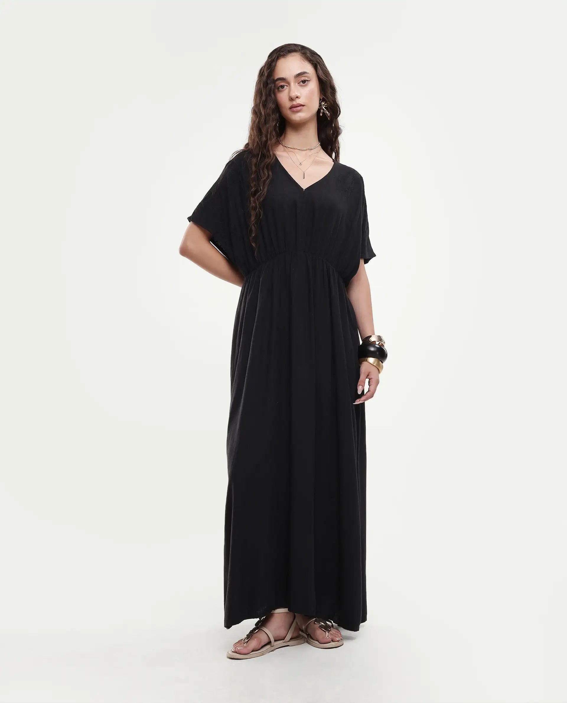 Rareism Women's Flynn Light Black Cotton Blend V-Neck Plain Extended Sleeves Maxi Fit And Flare Dress