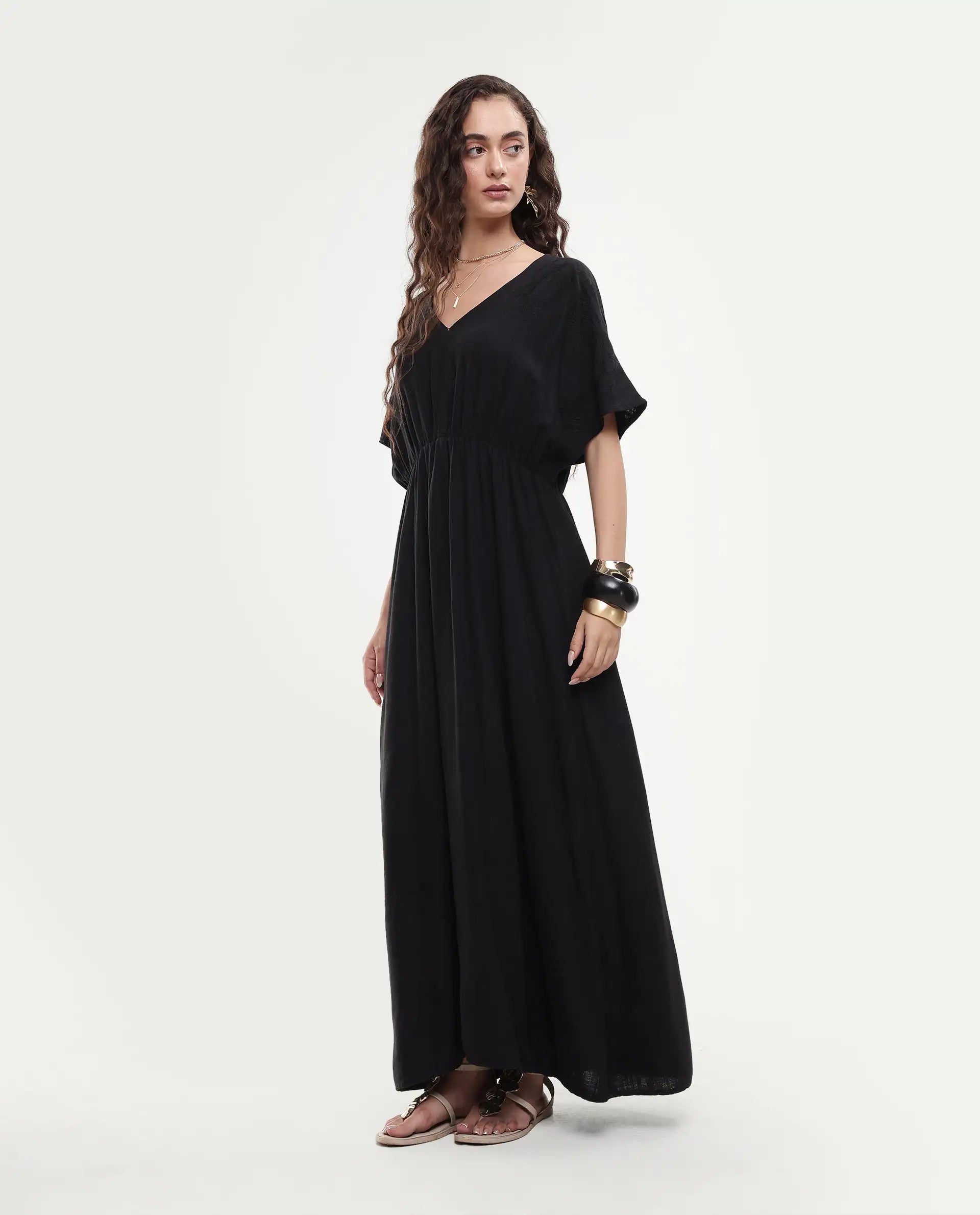 Rareism Women's Flynn Light Black Cotton Blend V-Neck Plain Extended Sleeves Maxi Fit And Flare Dress