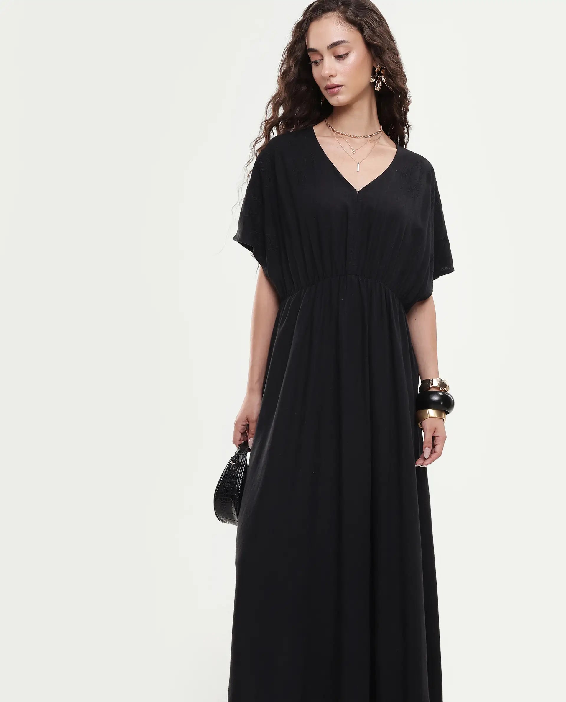 Rareism Women's Flynn Light Black Cotton Blend V-Neck Plain Extended Sleeves Maxi Fit And Flare Dress