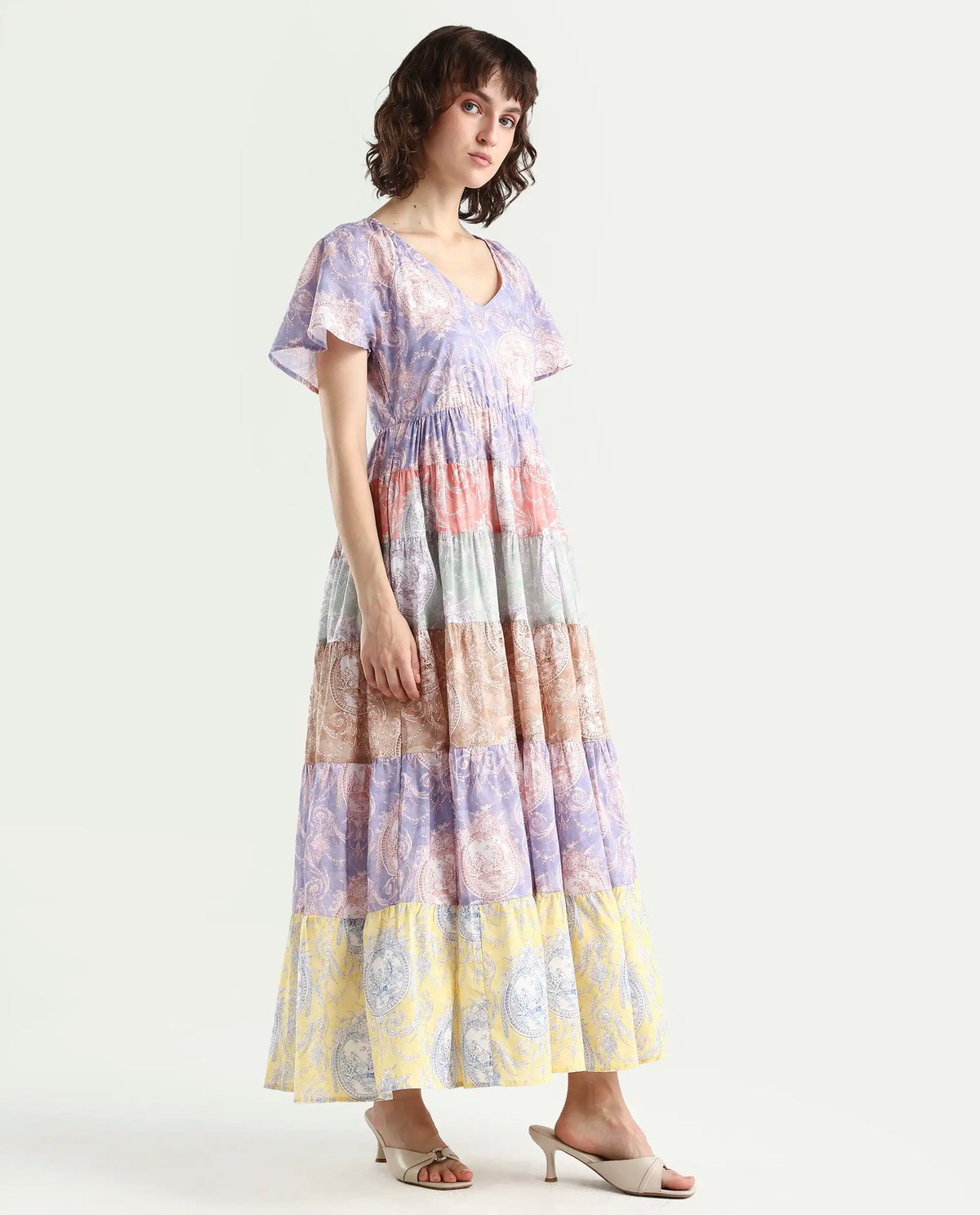 Rareism Women's Grubin Multi Cotton V-Neck Ornamental Print Raglan Sleeve Maxi Fit And Flare Dress