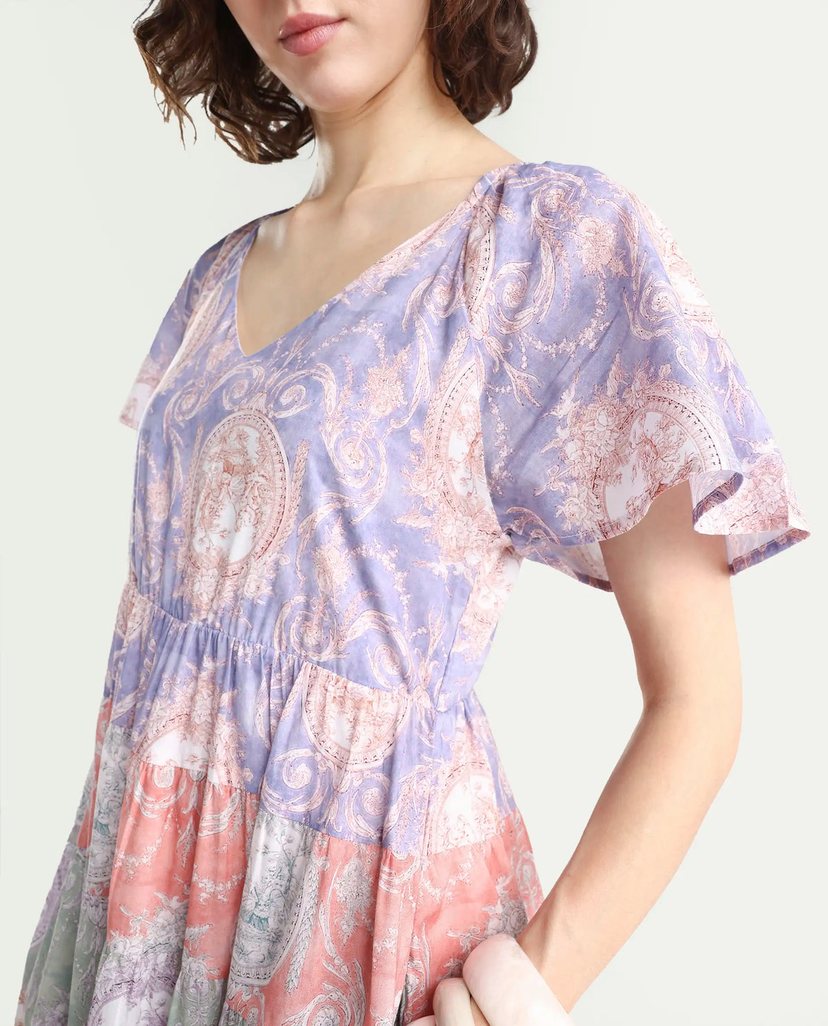 Rareism Women's Grubin Multi Cotton V-Neck Ornamental Print Raglan Sleeve Maxi Fit And Flare Dress