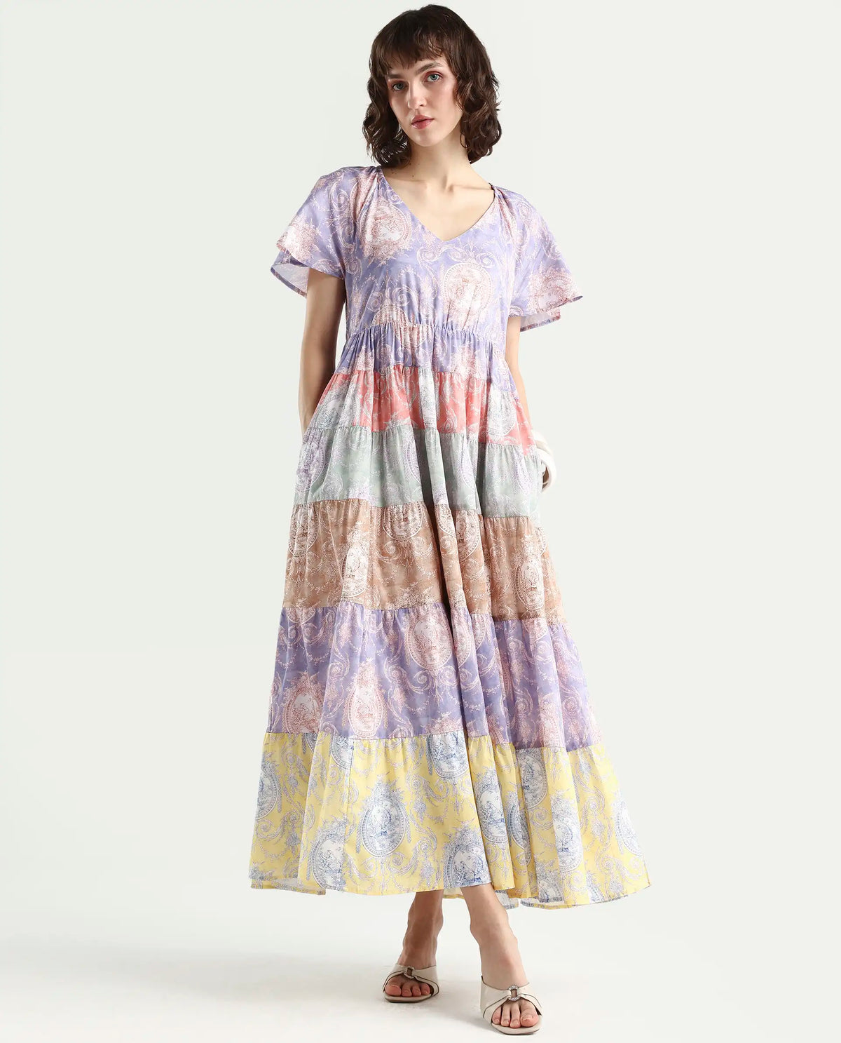 Rareism Women's Grubin Multi Cotton V-Neck Ornamental Print Raglan Sleeve Maxi Fit And Flare Dress