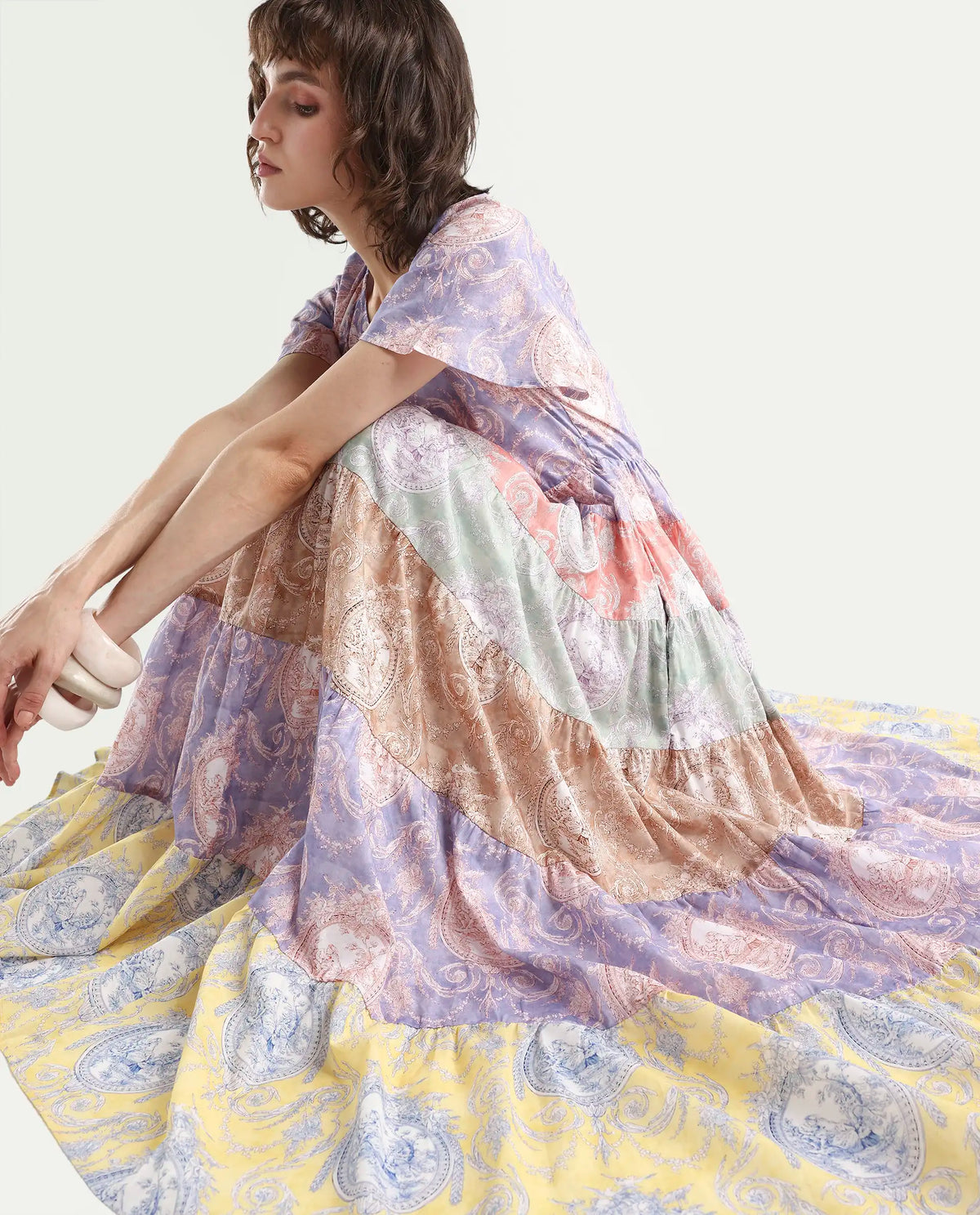 Rareism Women's Grubin Multi Cotton V-Neck Ornamental Print Raglan Sleeve Maxi Fit And Flare Dress