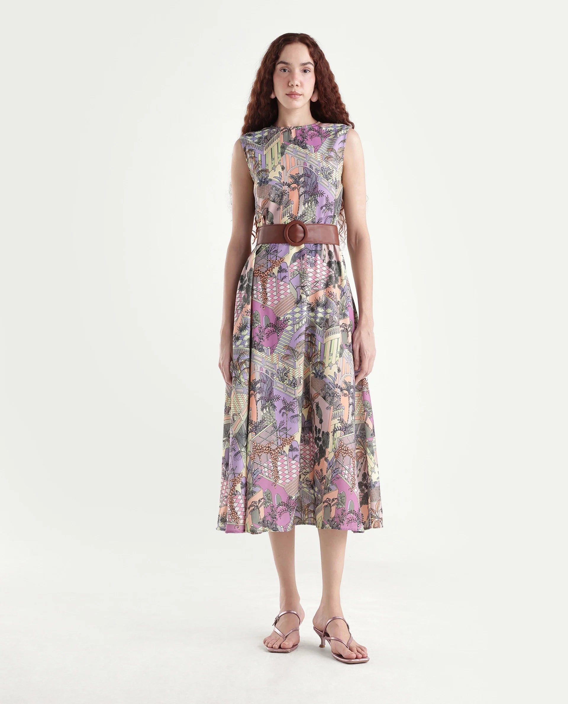Rareism Women's Kaylee Multi Polyester Crew Neck Graphic Print Sleeveless Maxi Fit And Flare Dress