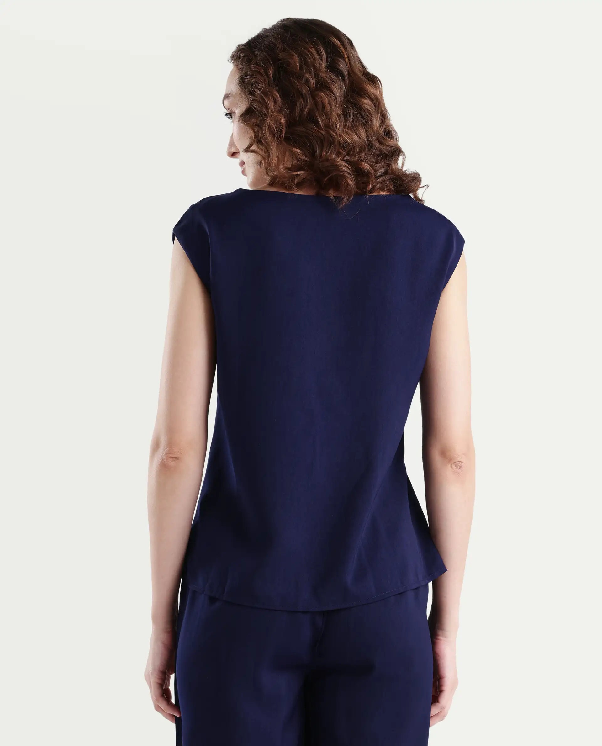 Rareism Women's Leville-T Dark Blue Polyester Blend Boat Neck Plain Sleeveless Relaxed Fit Top