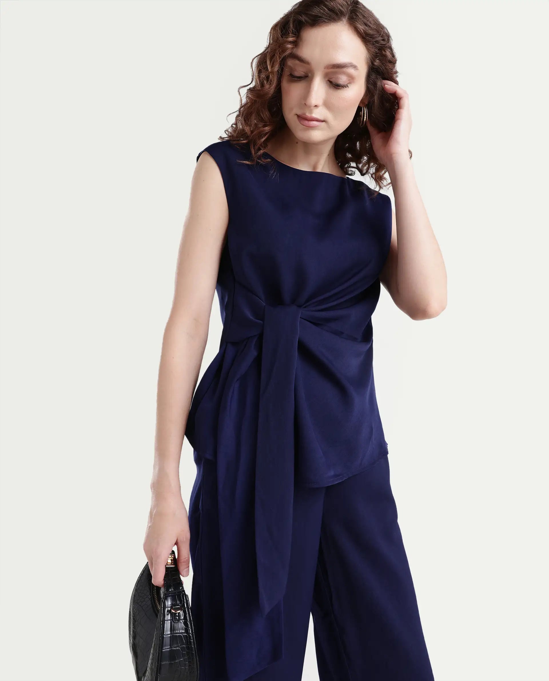 Rareism Women's Leville-T Dark Blue Polyester Blend Boat Neck Plain Sleeveless Relaxed Fit Top