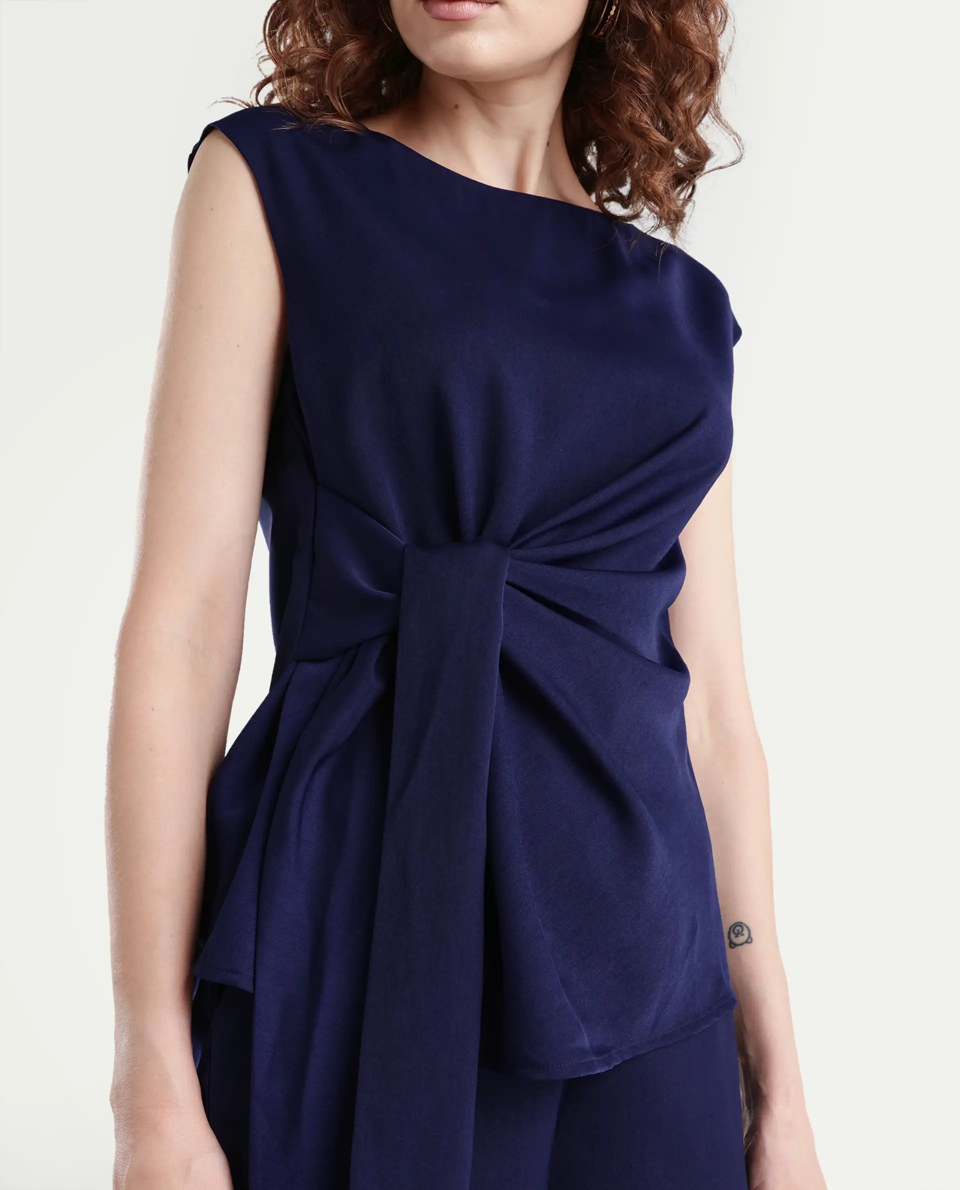 Rareism Women's Leville-T Dark Blue Polyester Blend Boat Neck Plain Sleeveless Relaxed Fit Top