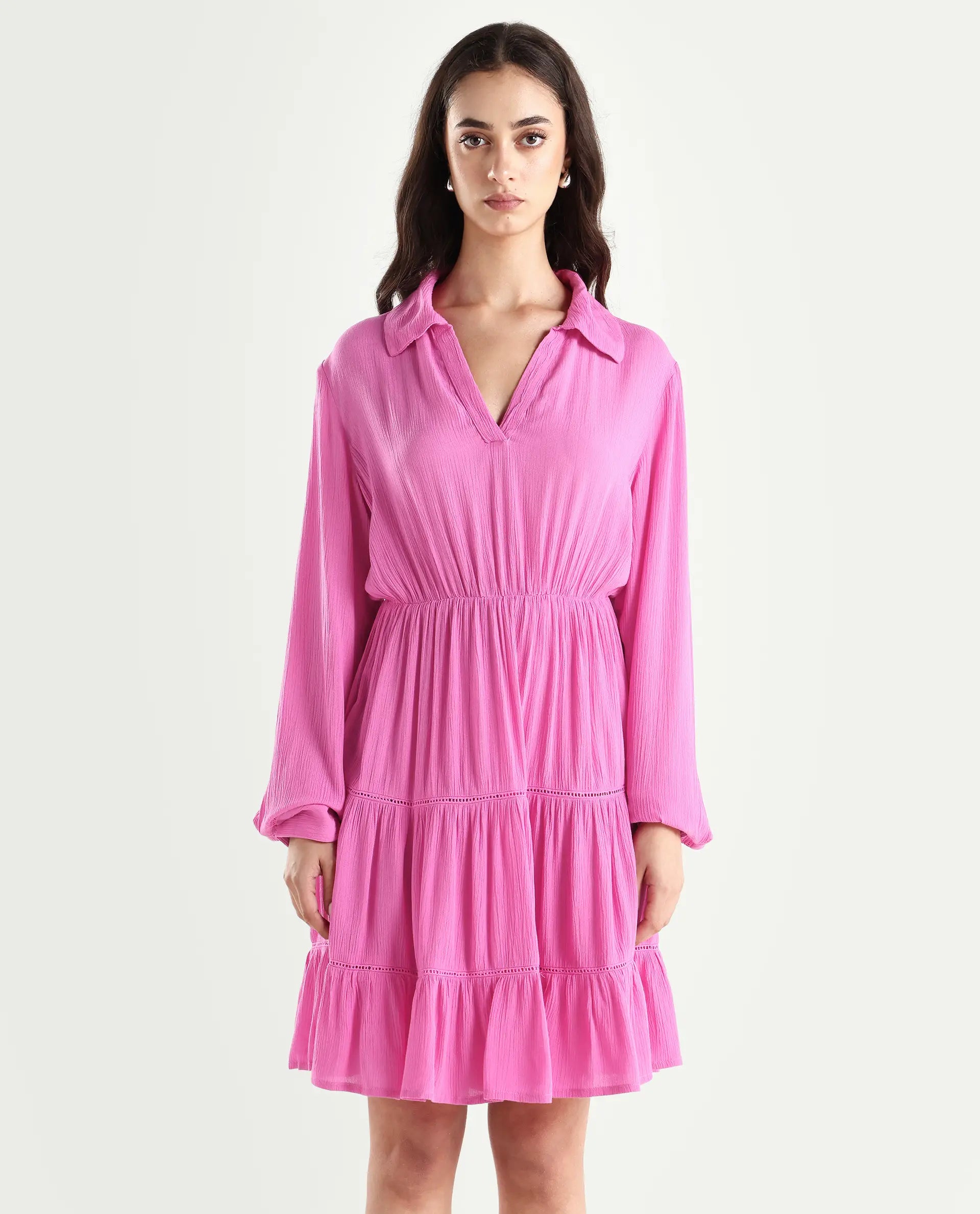 Rareism Women's Magner Pink Rayon Drop Collar Plain Mini Fit And Flare Dress