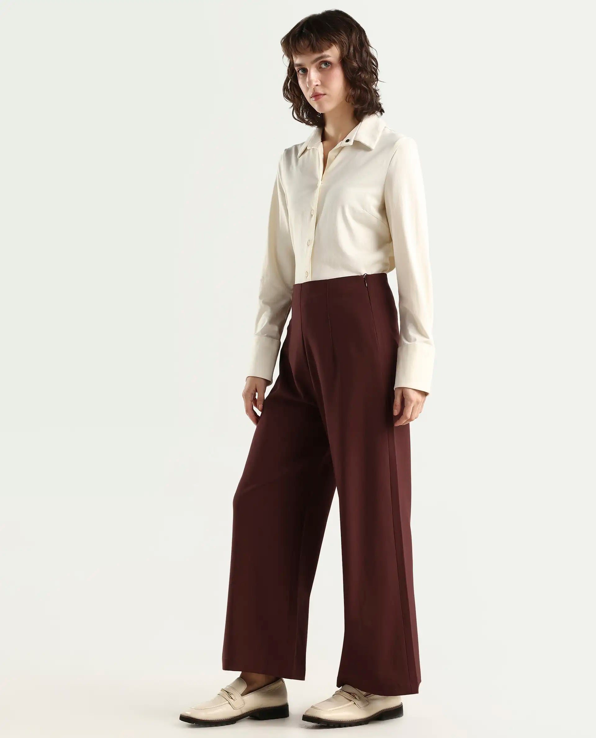 Rareism Women's Noahti Light Rust Cotton Plain Ankle Length Wide Trouser
