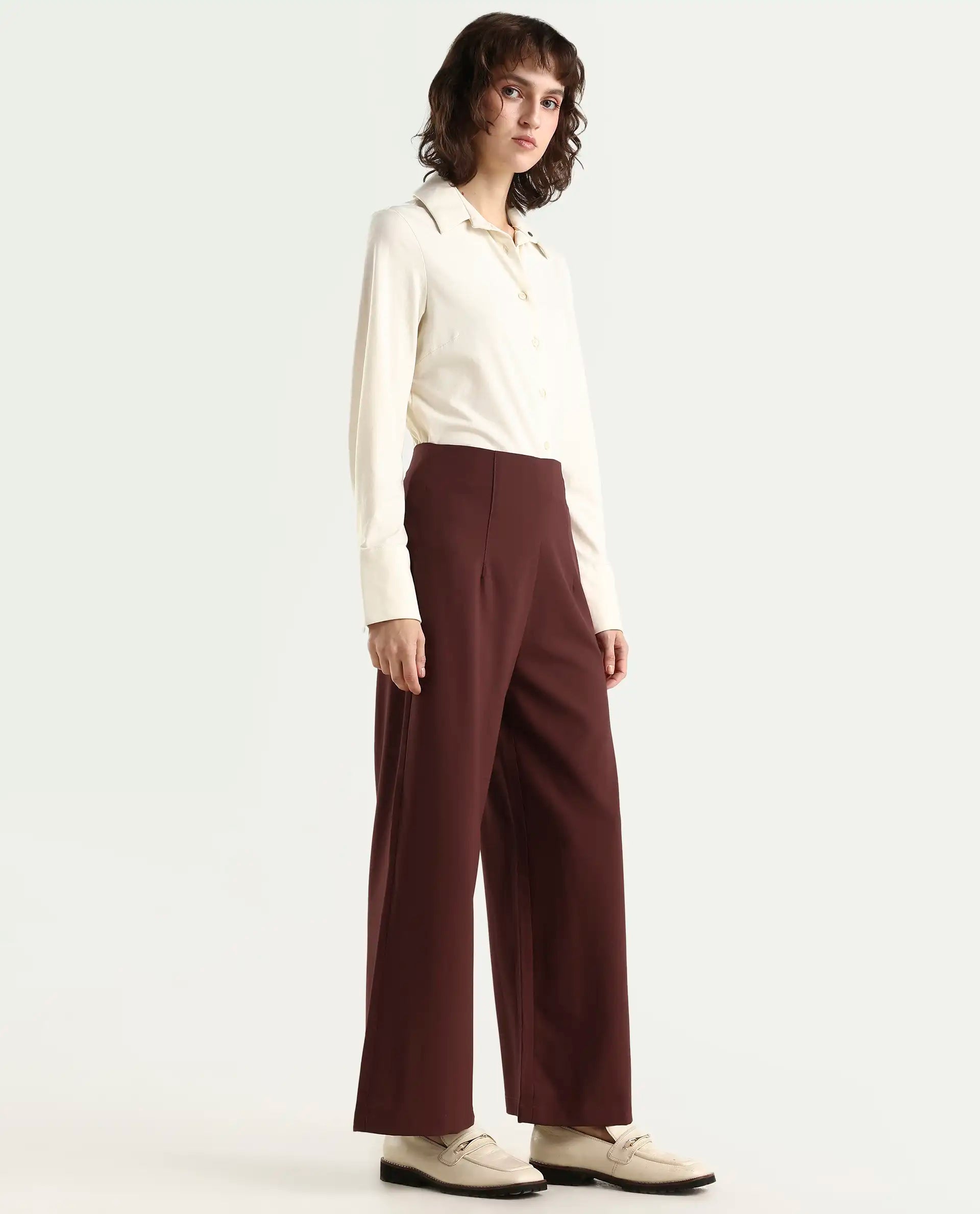Rareism Women's Noahti Light Rust Cotton Plain Ankle Length Wide Trouser
