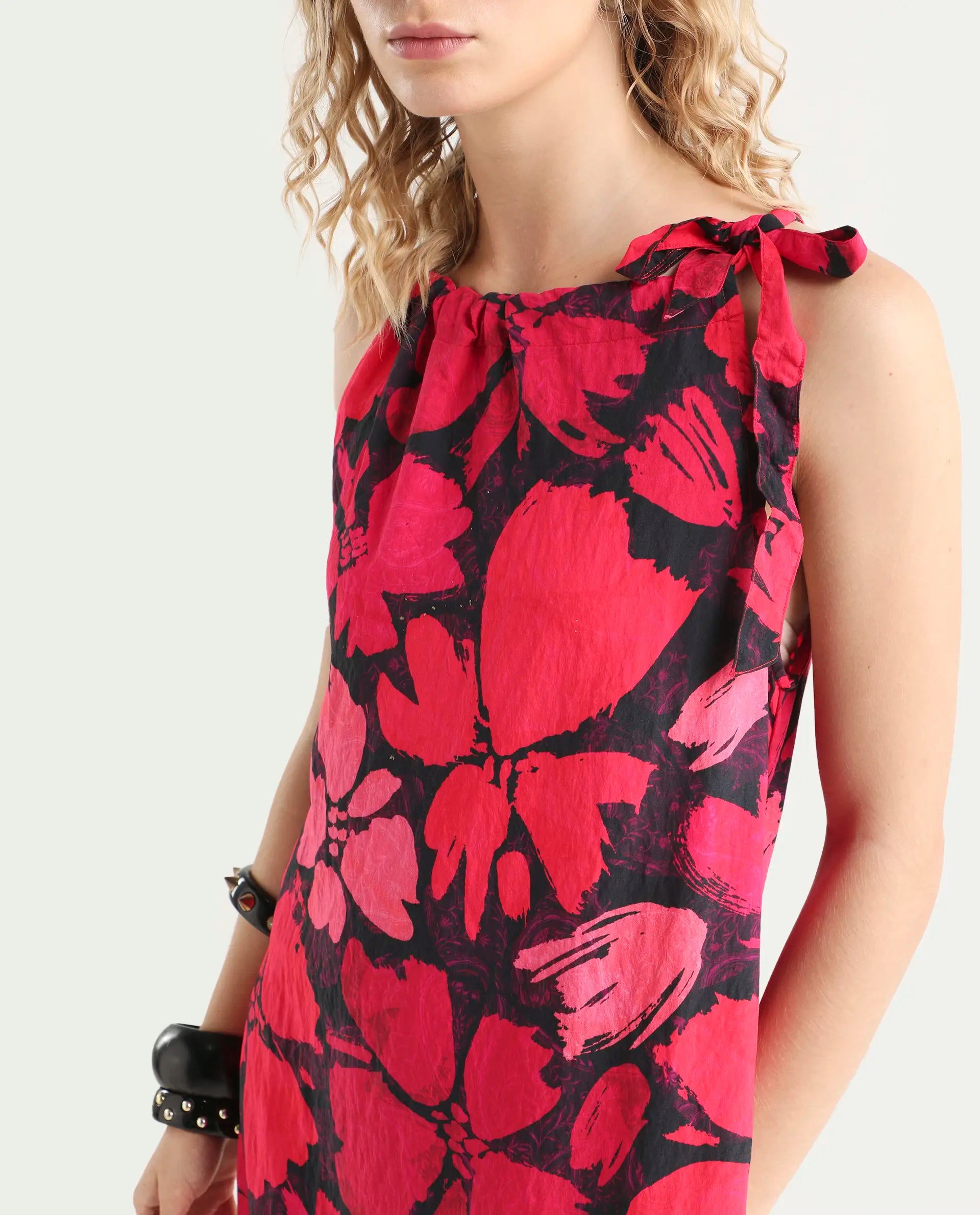 Rareism Women's Olya Multi Rayon Halter Neck Floral Print Sleeveless Maxi A-Line Dress