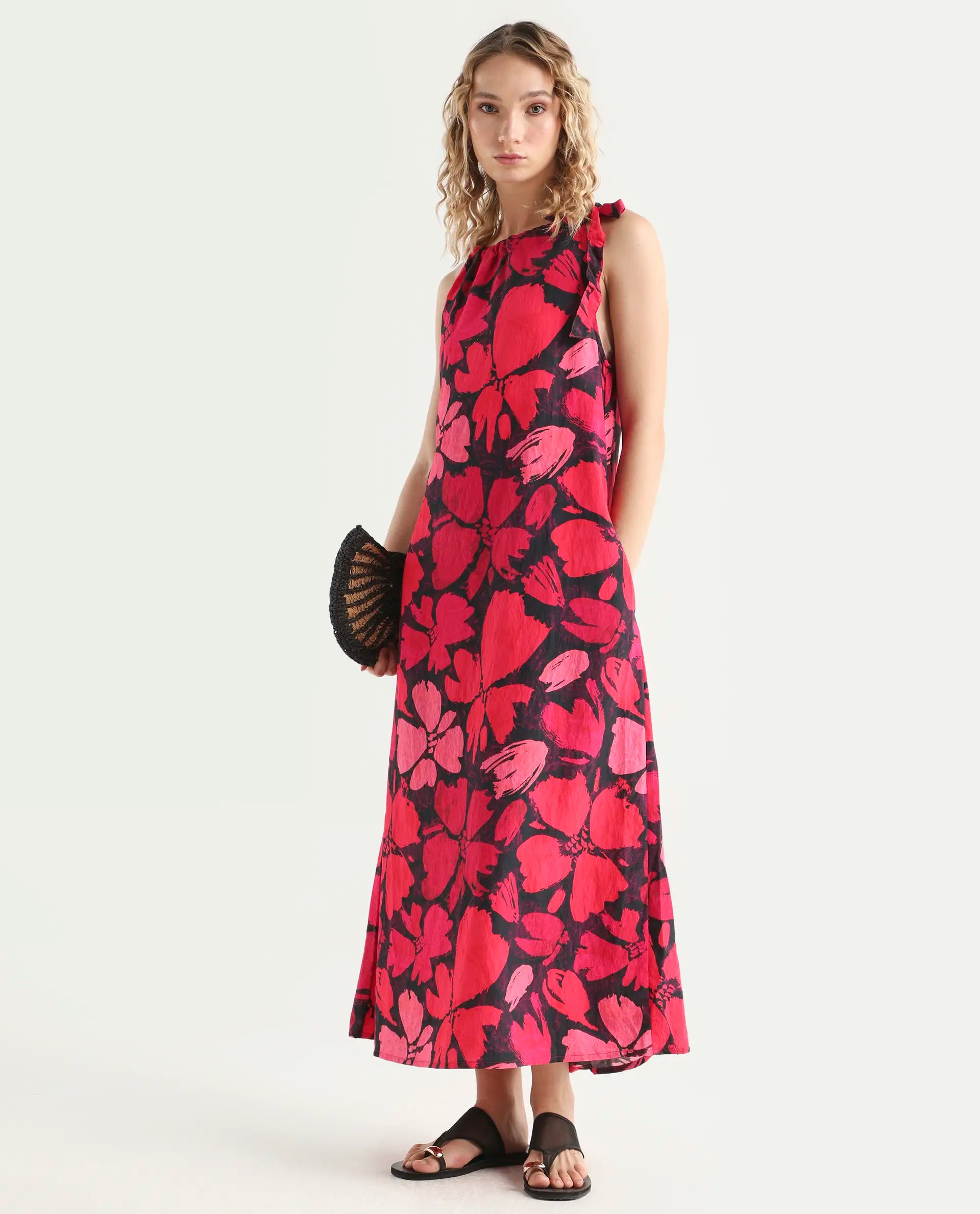 Rareism Women's Olya Multi Rayon Halter Neck Floral Print Sleeveless Maxi A-Line Dress