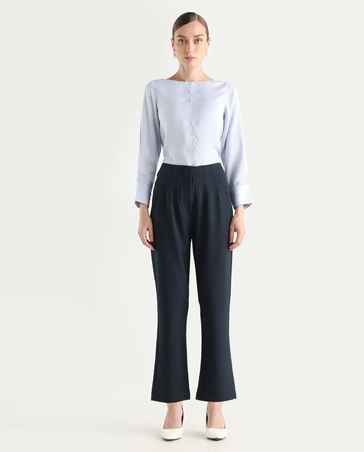 Rareism Women's Thompson Navy Cotton Plain Ankle Length Tapered Trouser
