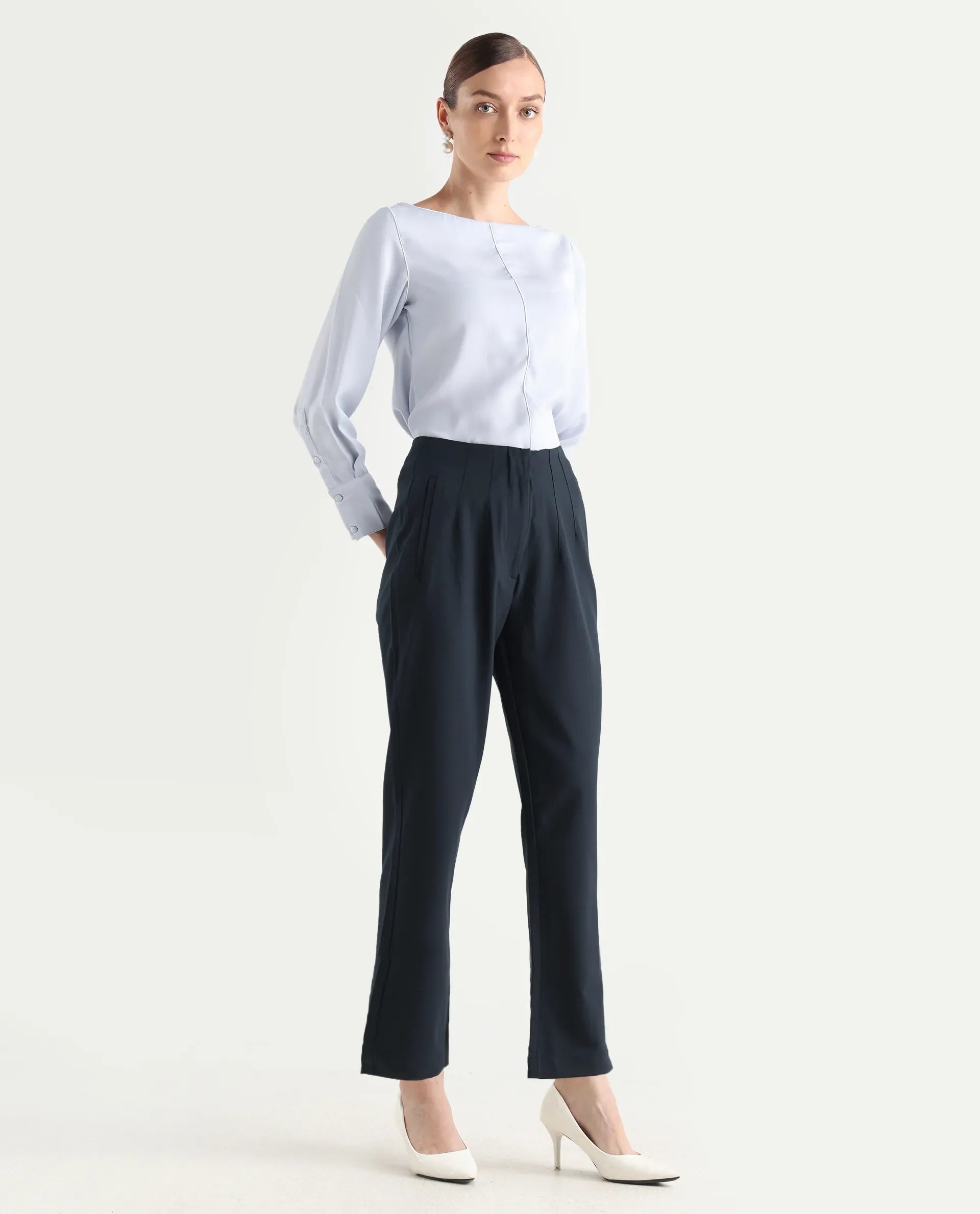 Rareism Women's Thompson Navy Cotton Plain Ankle Length Tapered Trouser