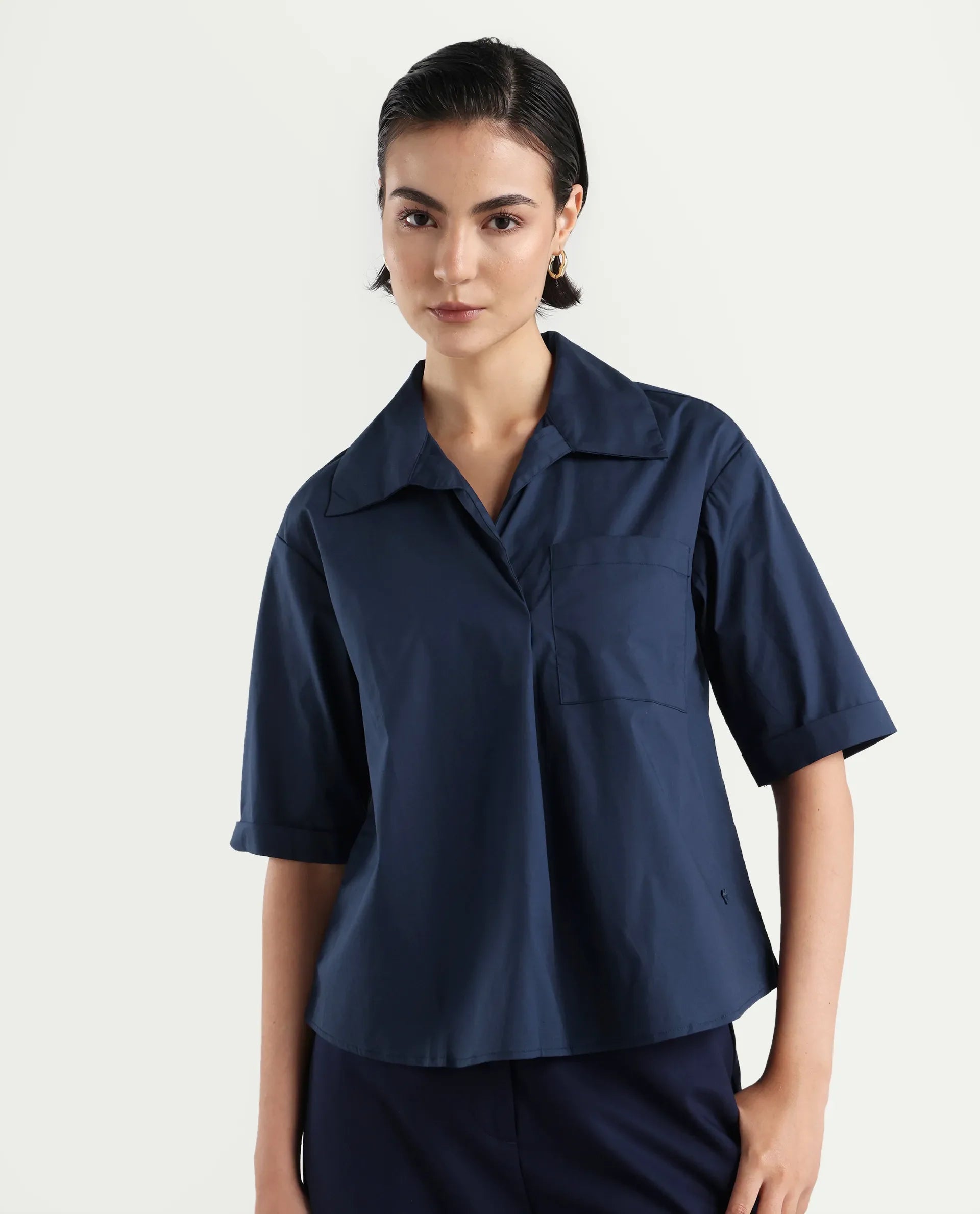 Rareism Women's Toefil Dark Navy Cotton Spread Collar Plain Regular Fit Shirt