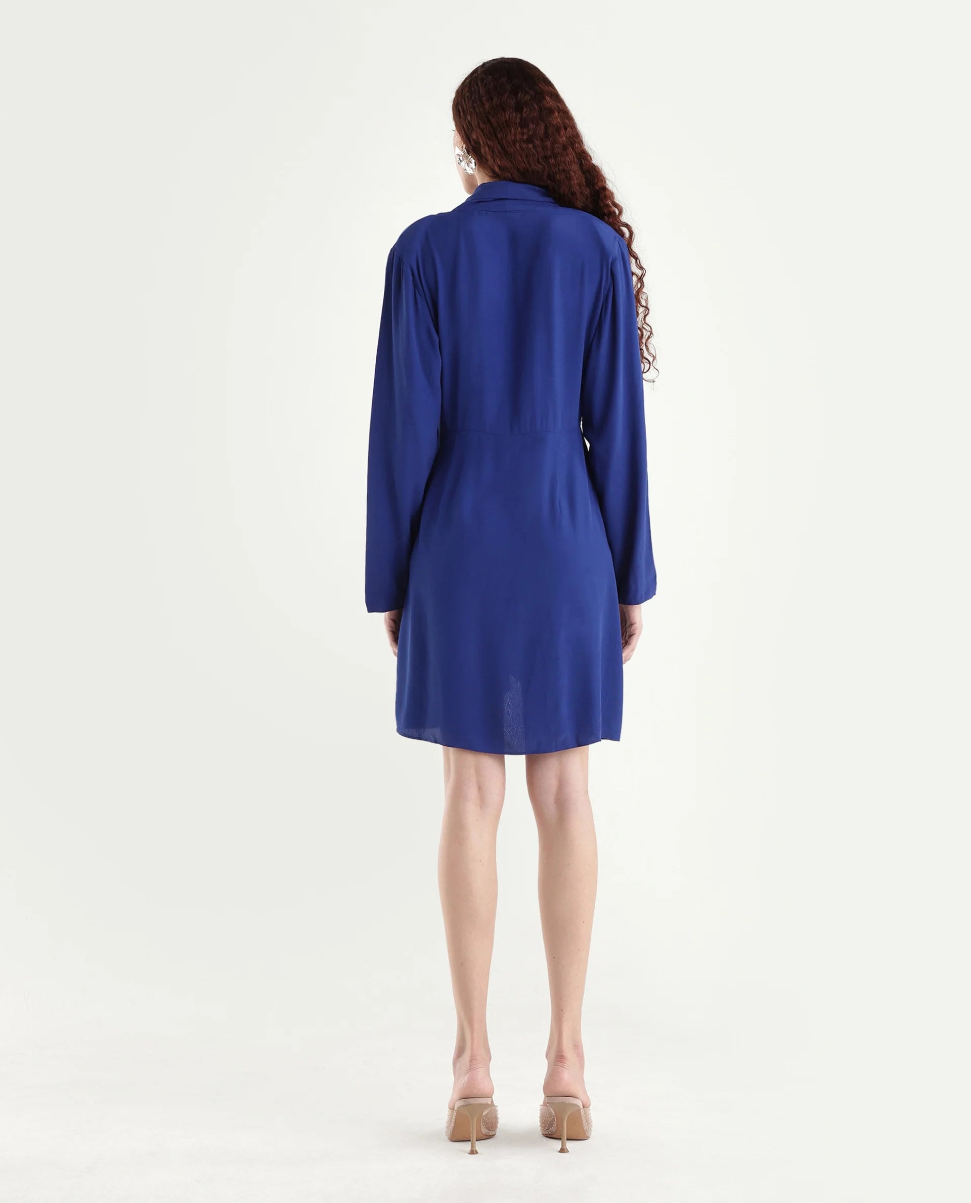 Rareism Women's Celler Flouroscent Blue Rayon Lapel Neck Plain Mini Wrap Dress