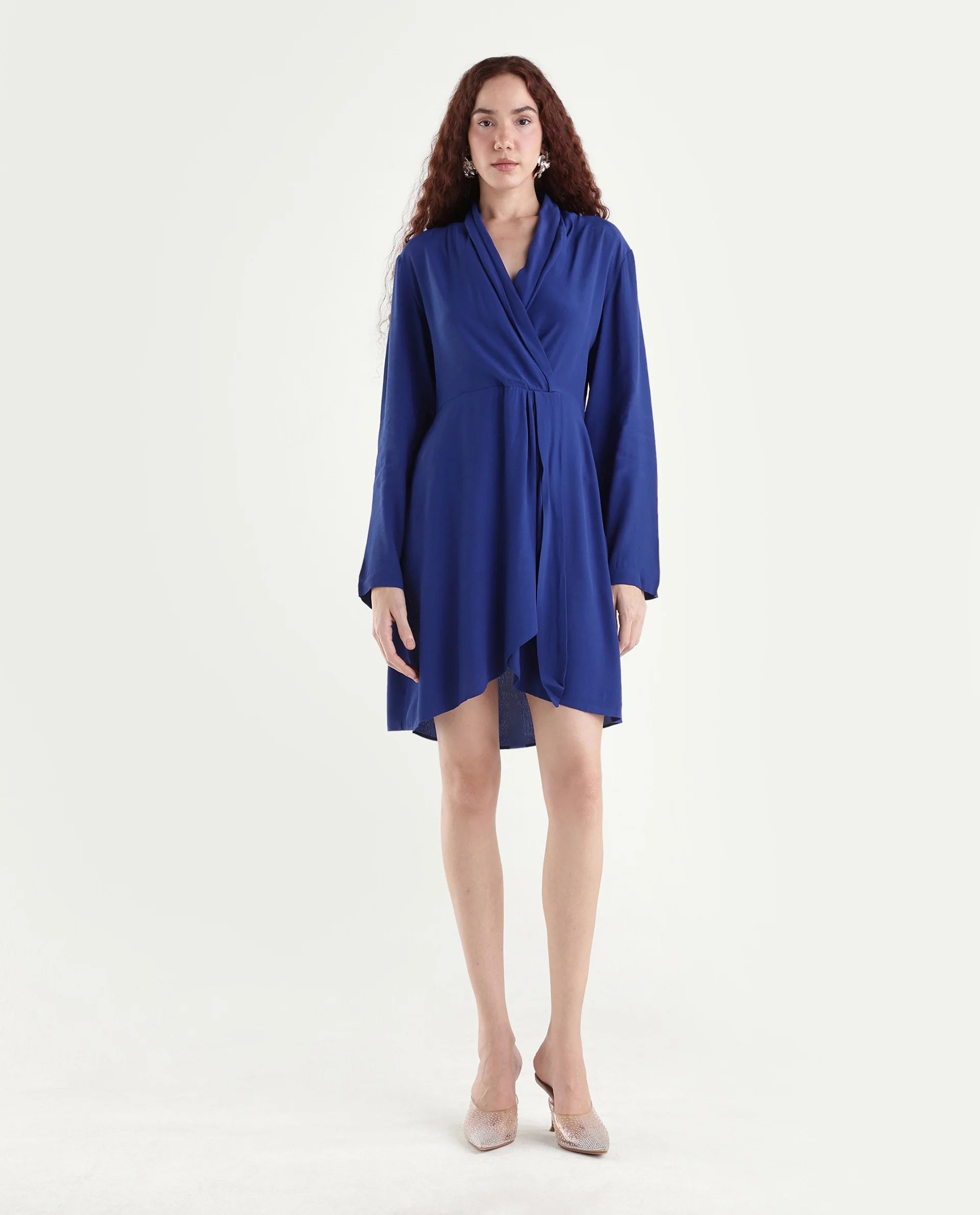 Rareism Women's Celler Flouroscent Blue Rayon Lapel Neck Plain Mini Wrap Dress